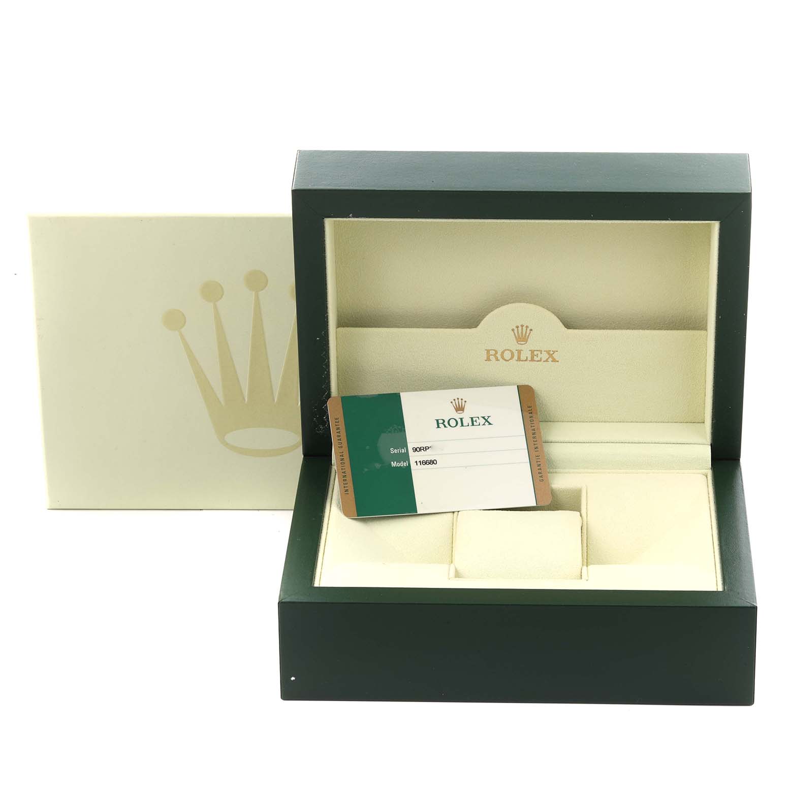 The image shows a Rolex Yacht-Master 116680 Men's Stainless Steel White Dial 116680 Men's Stainless Steel White Dial box and warranty card, with the box open and angled forward.
