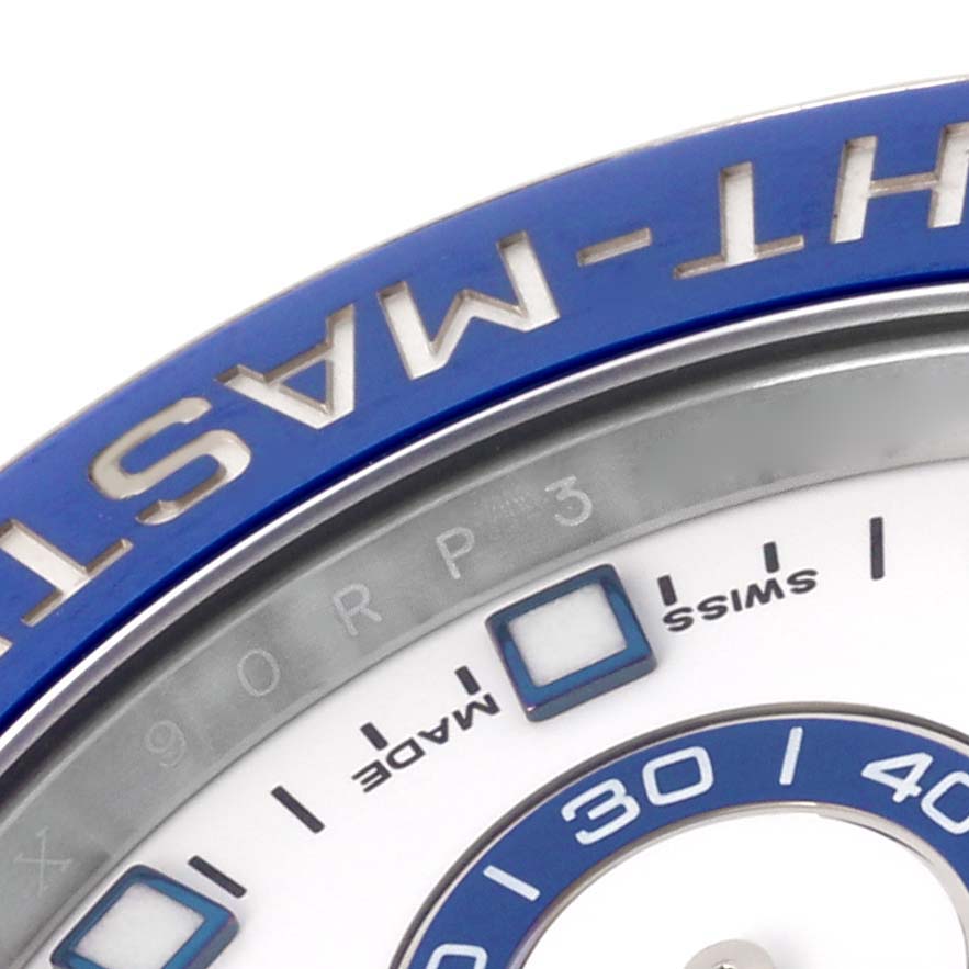 The close-up shows the Rolex Yacht-Master 116680 Men's Stainless Steel White Dial 116680 Men's Stainless Steel White Dial's bezel and part of the dial, highlighting the "MAST" engraving and model details.