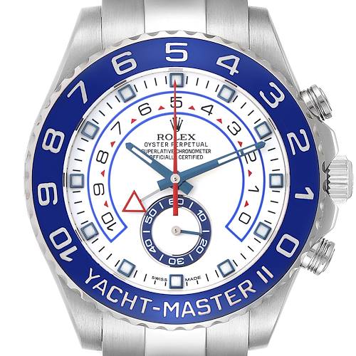 The Rolex Yacht-Master watch is shown from the front, highlighting the bezel, dial, and crown.