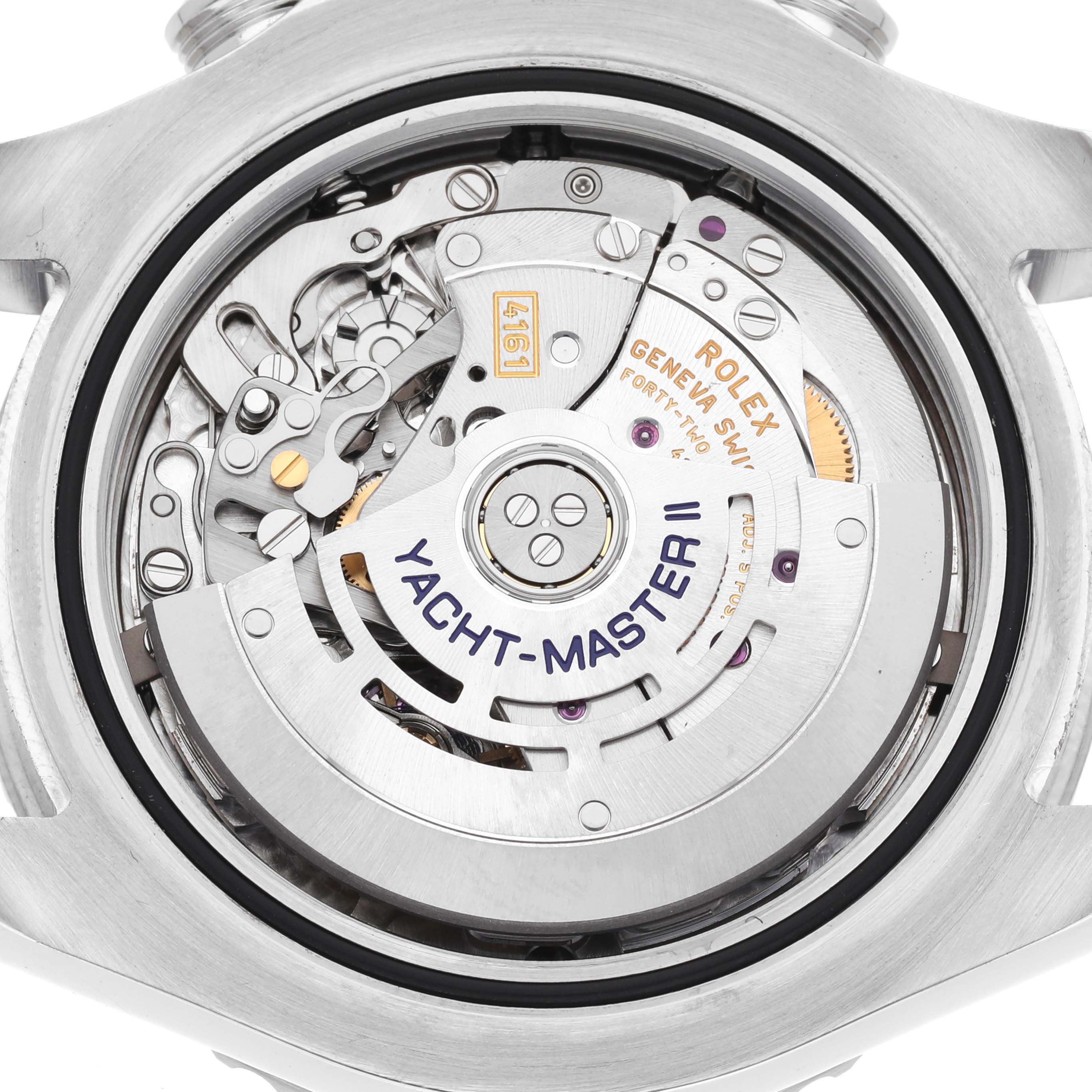 The image shows the back view of the Rolex Yacht-Master 116680 Men's Stainless Steel White Dial 116680 Men's Stainless Steel White Dial II, focusing on the intricate mechanical movement parts.