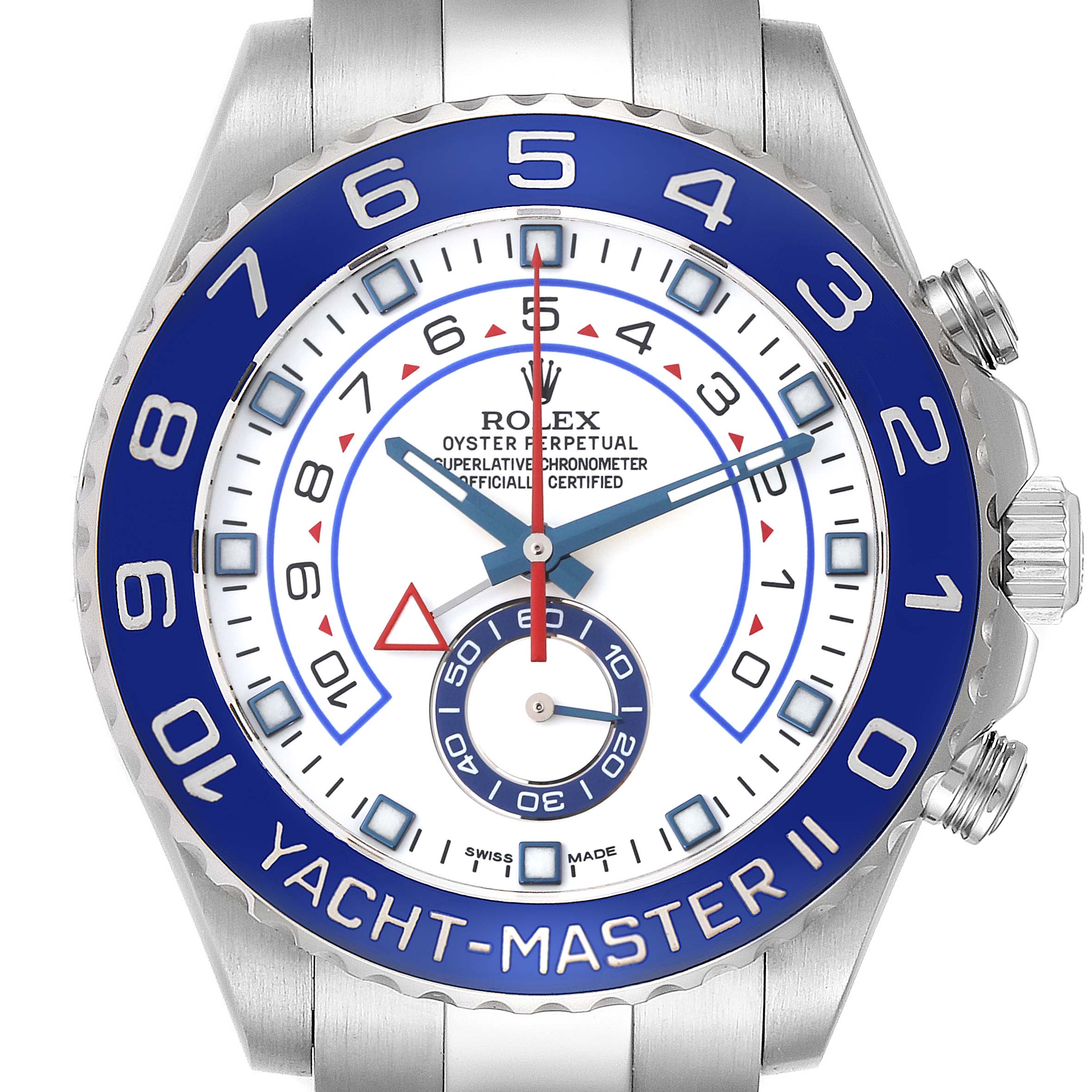 The Rolex Yacht-Master 116680 Men's Stainless Steel White Dial 116680 Men's Stainless Steel White Dial II is shown from a front angle, displaying the bezel, dial, and part of the bracelet.