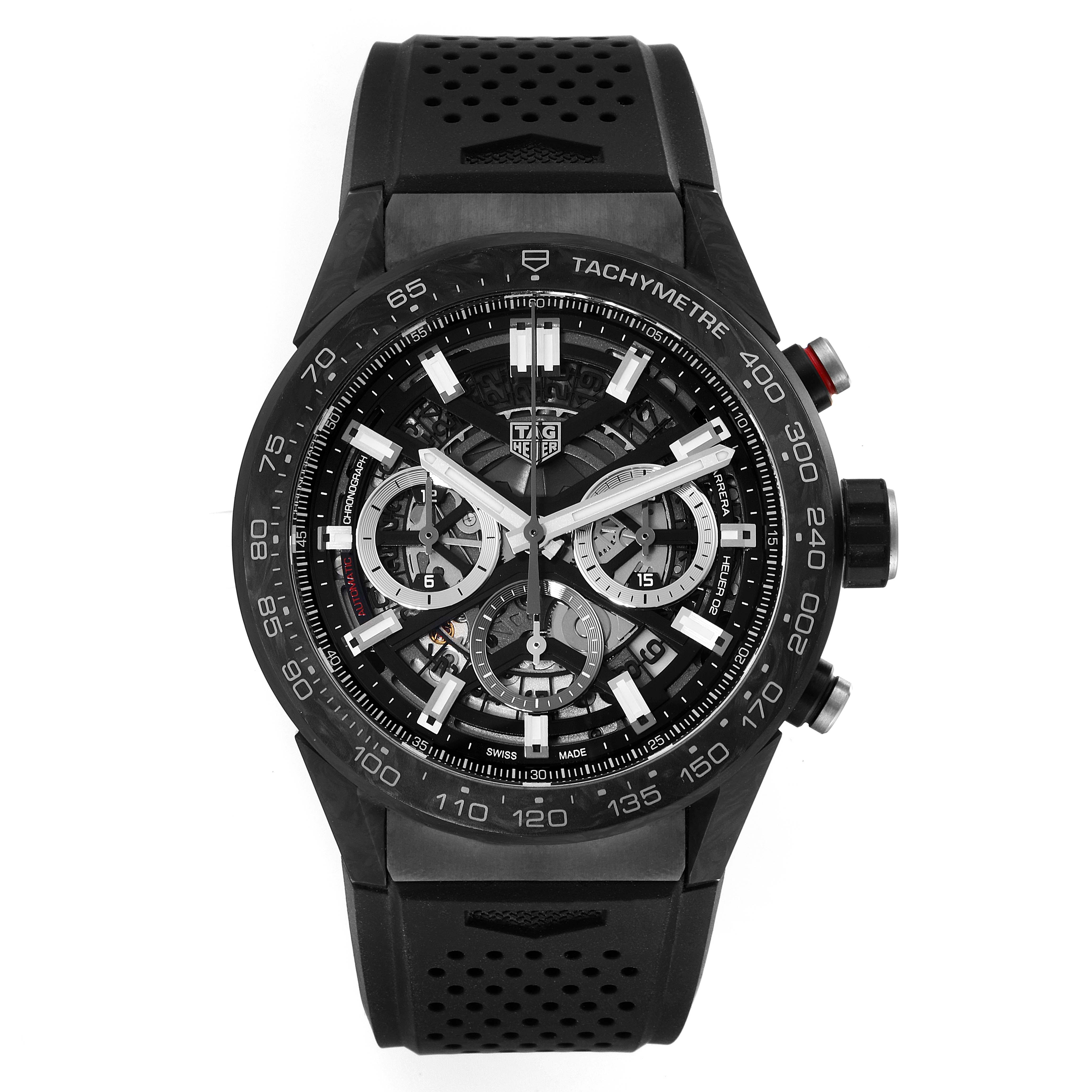 The image shows a top-down view of the Tag Heuer Carrera CBG2A91.FT6173 Men's Ceramic Black Dial CBG2A91.FT6173 Men's Ceramic Black Dial watch featuring its intricate dial and black rubber strap.