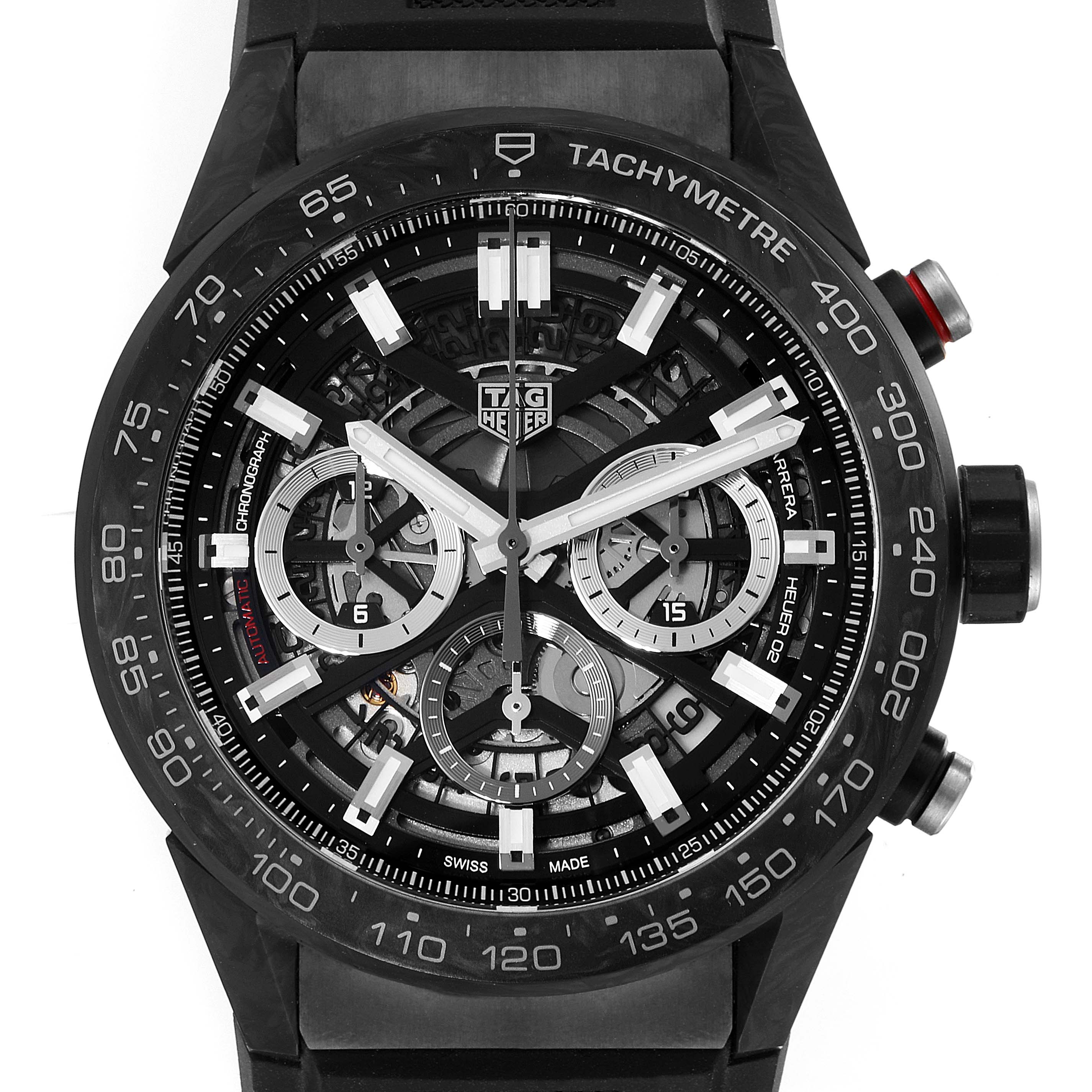 This image shows a front view of a Tag Heuer Carrera CBG2A91.FT6173 Men's Ceramic Black Dial CBG2A91.FT6173 Men's Ceramic Black Dial model watch, highlighting its chronograph subdials and tachymeter bezel.