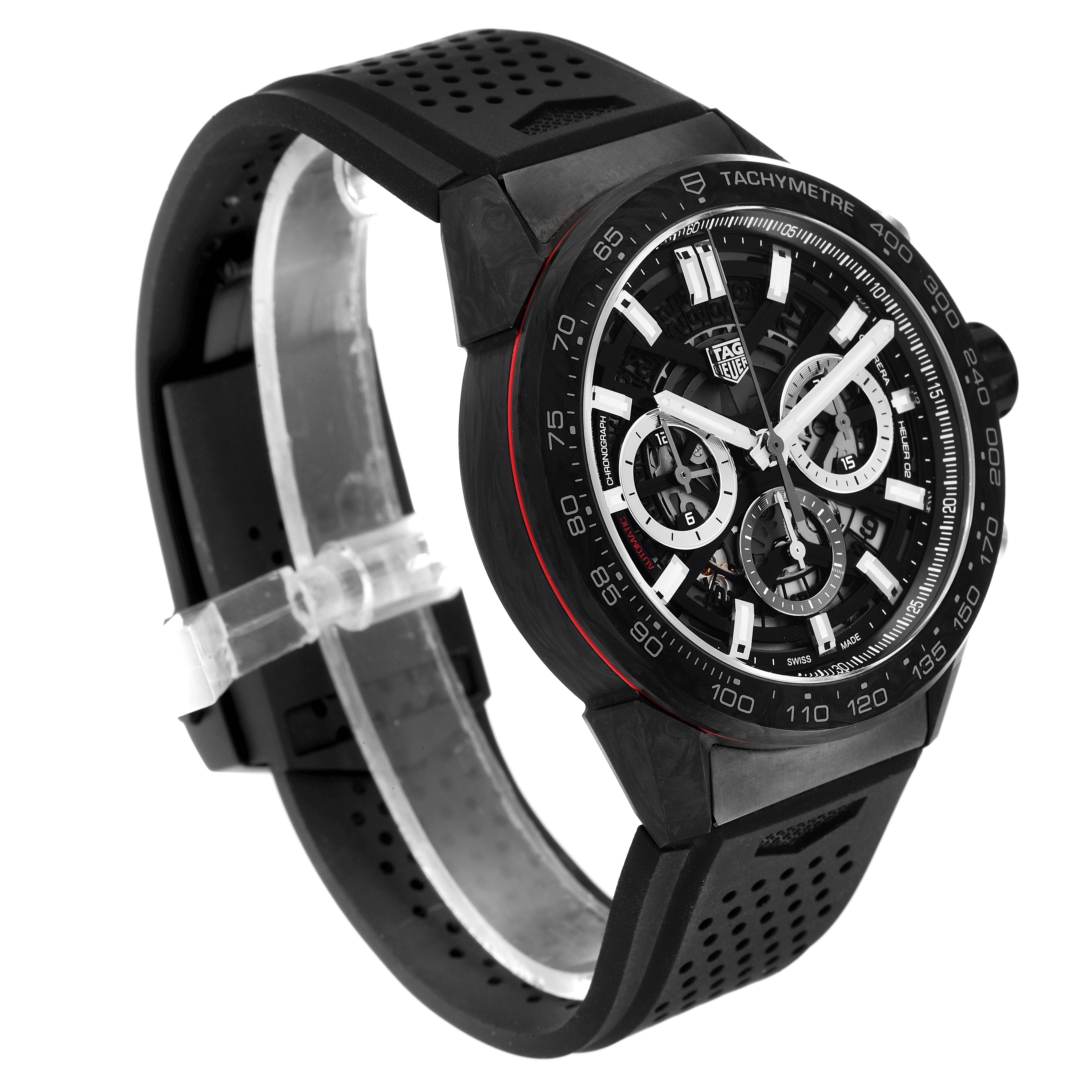 The image shows a side-angle view of the Carrera model by Tag Heuer, highlighting the watch face, bezel, and band.