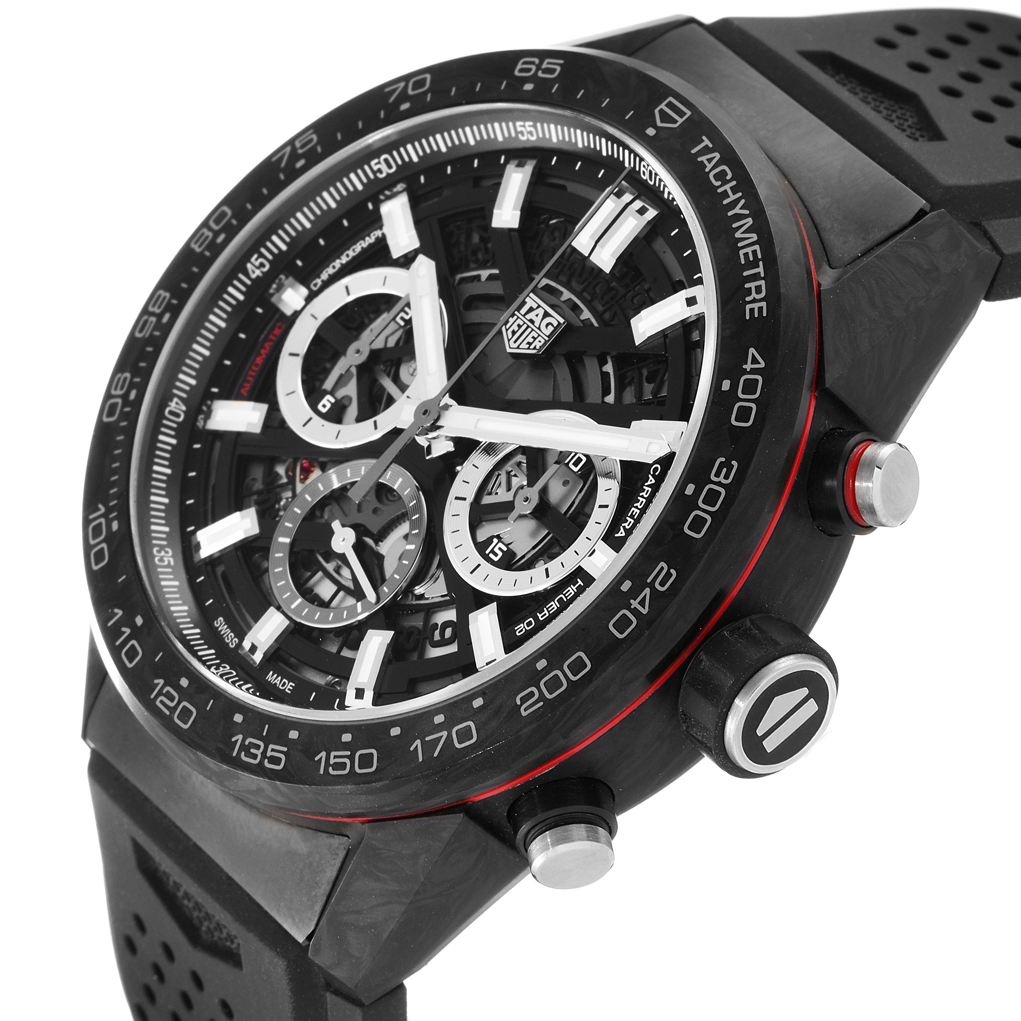 The image shows a side-angle view of the Tag Heuer Carrera CBG2A91.FT6173 Men's Ceramic Black Dial CBG2A91.FT6173 Men's Ceramic Black Dial watch, highlighting its black tachymeter bezel, subdials, and pushers.