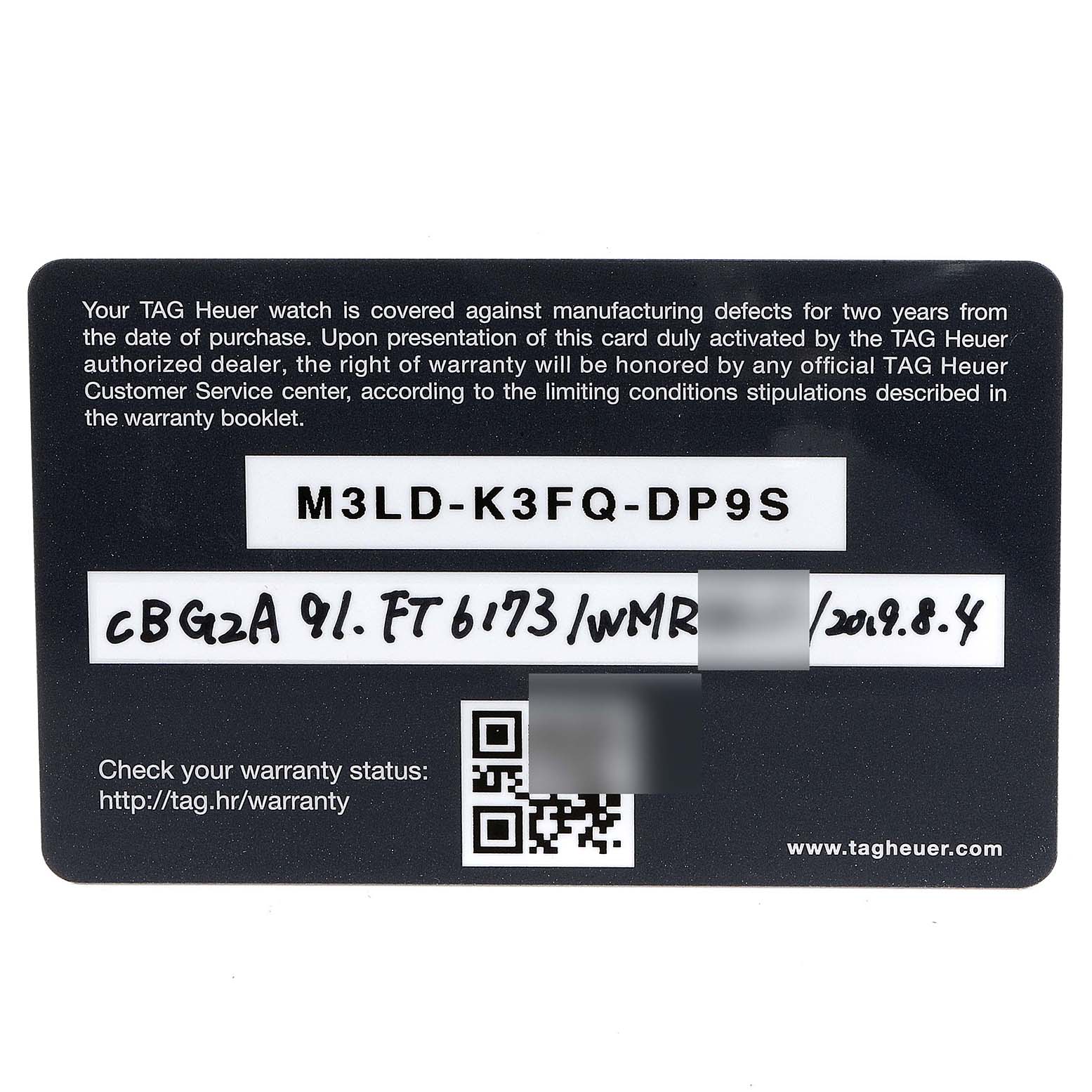 This image displays the warranty card for a Tag Heuer Carrera CBG2A91.FT6173 Men's Ceramic Black Dial CBG2A91.FT6173 Men's Ceramic Black Dial watch.