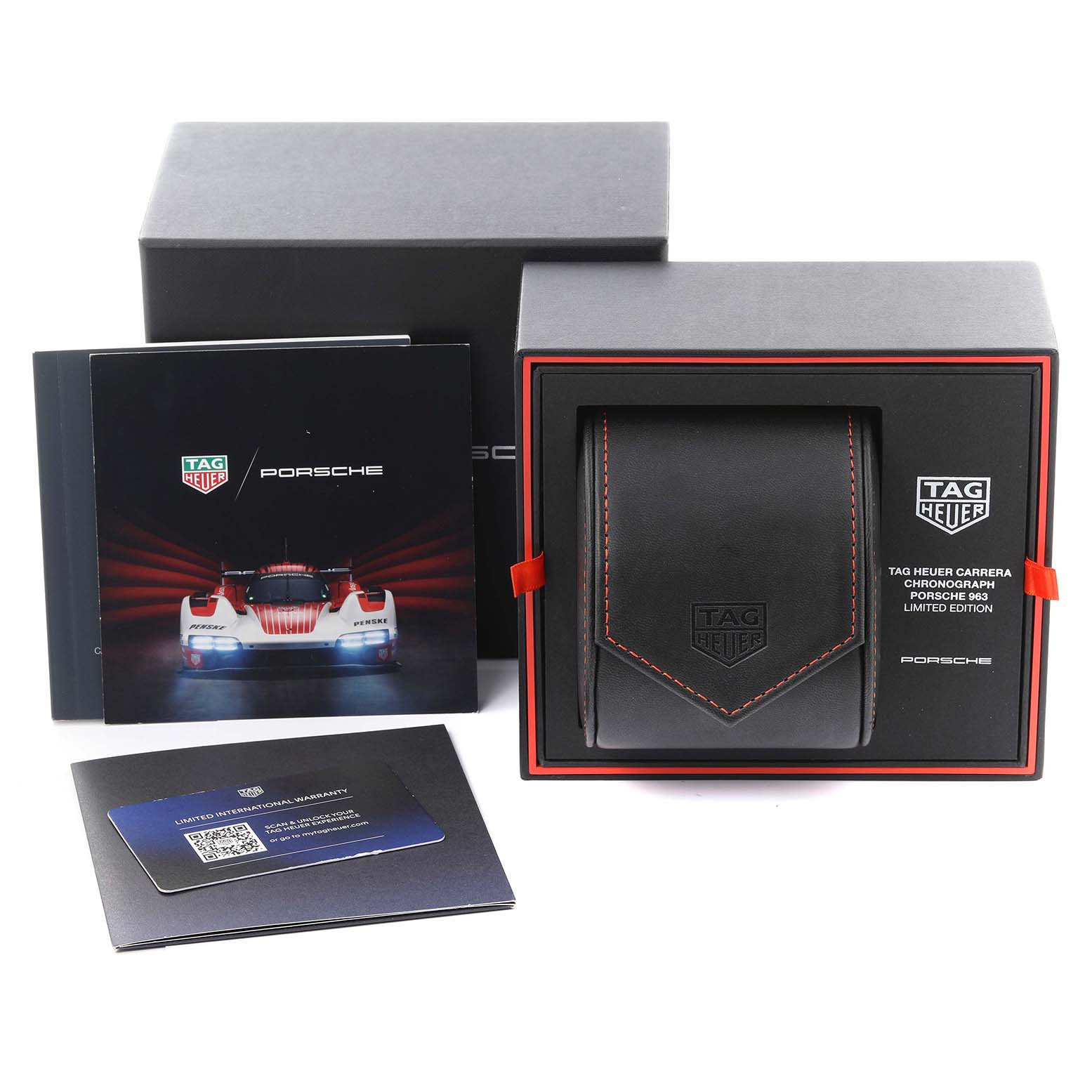 The image shows a Tag Heuer Carrera CBU2010.FT6267 Men's Stainless Steel Grey Dial CBU2010.FT6267 Men's Stainless Steel Grey Dial Porsche 963 Limited Edition box, case, booklet, and warranty card.