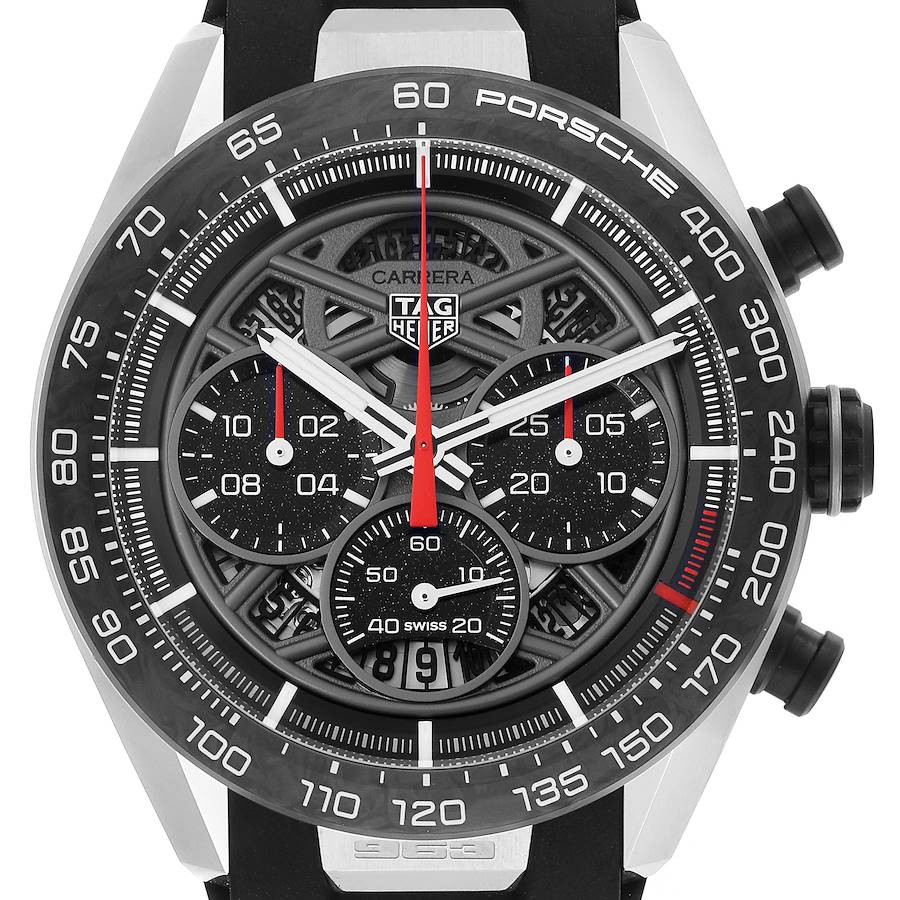 The image shows a frontal view of the Tag Heuer Carrera Porsche Limited Edition watch, highlighting the dial and bezel.