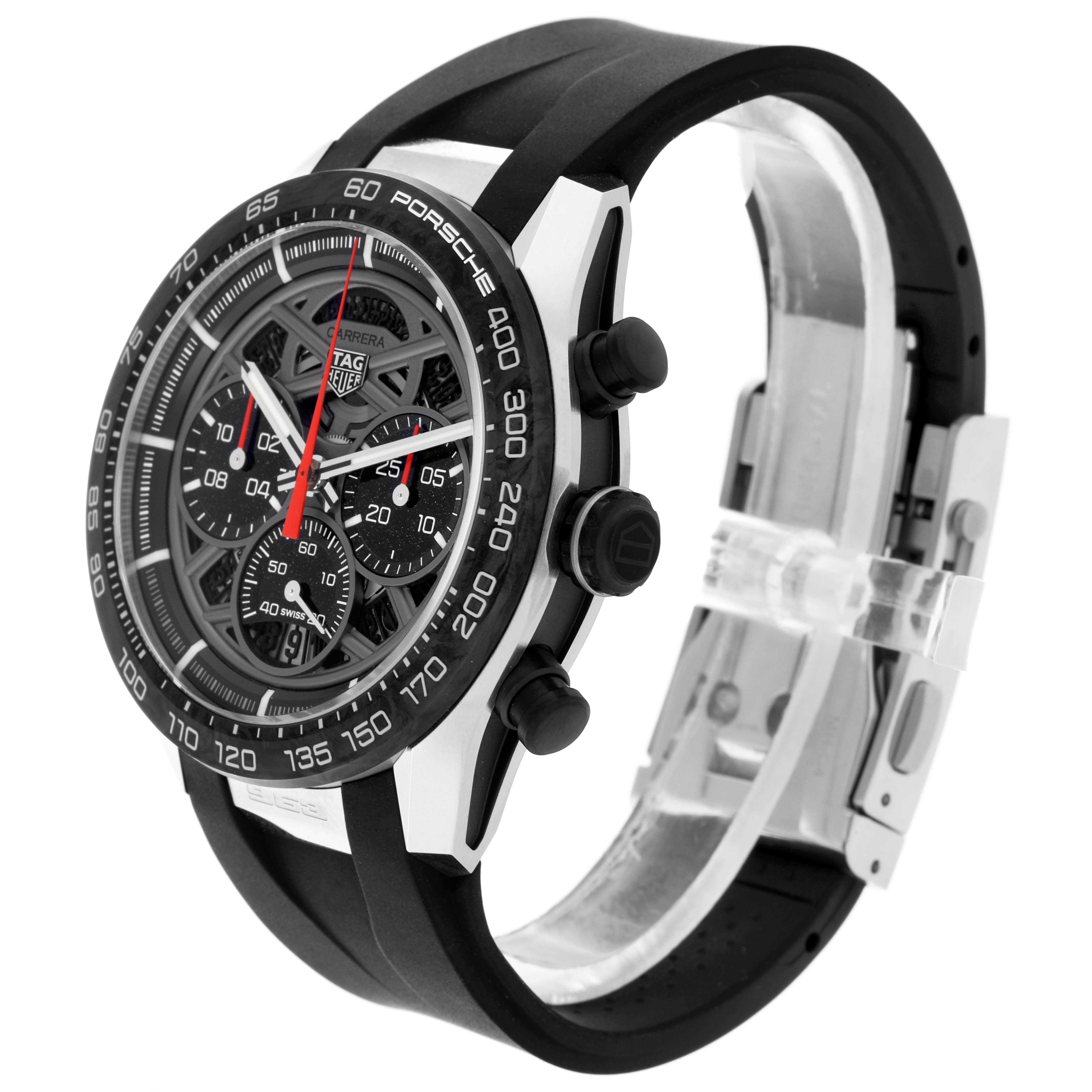 The Tag Heuer Limited Edition watch is shown at an angle highlighting the face, bezel, pushers, and rubber strap.