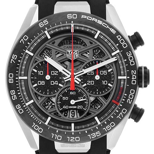 The Tag Heuer Carrera Limited Edition watch is shown from a front angle, highlighting the dial and bezel details.