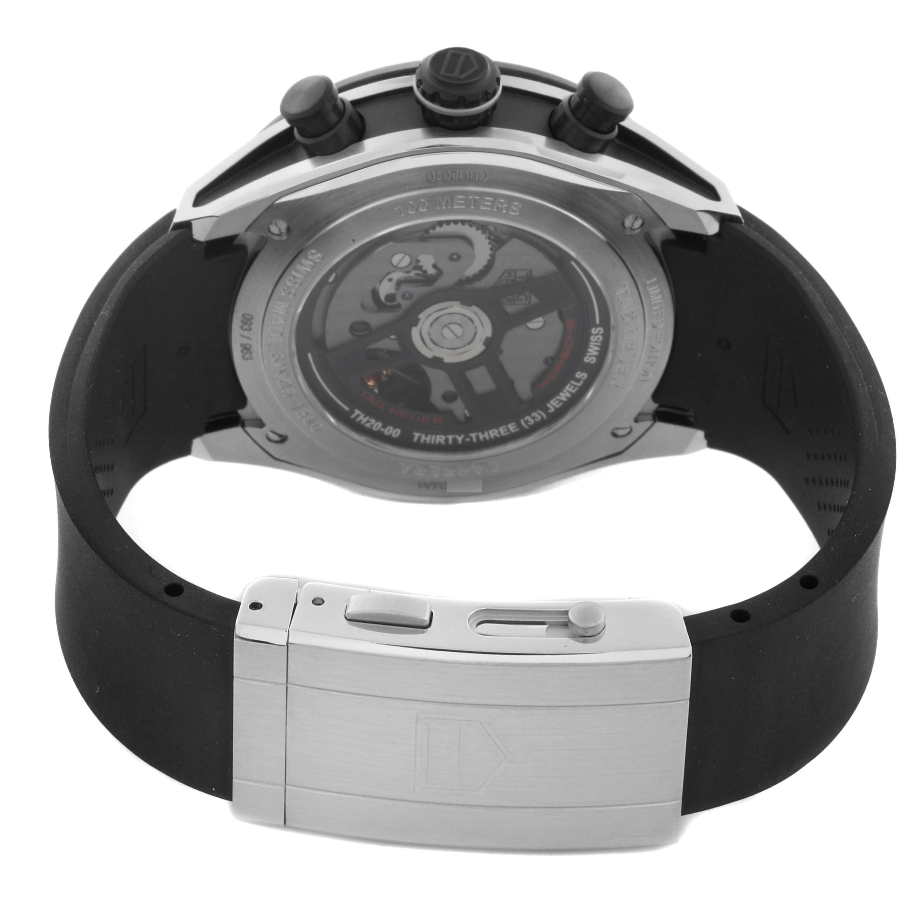 The image shows the back case and clasp of the Tag Heuer Limited Edition watch, highlighting the movement and strap design.