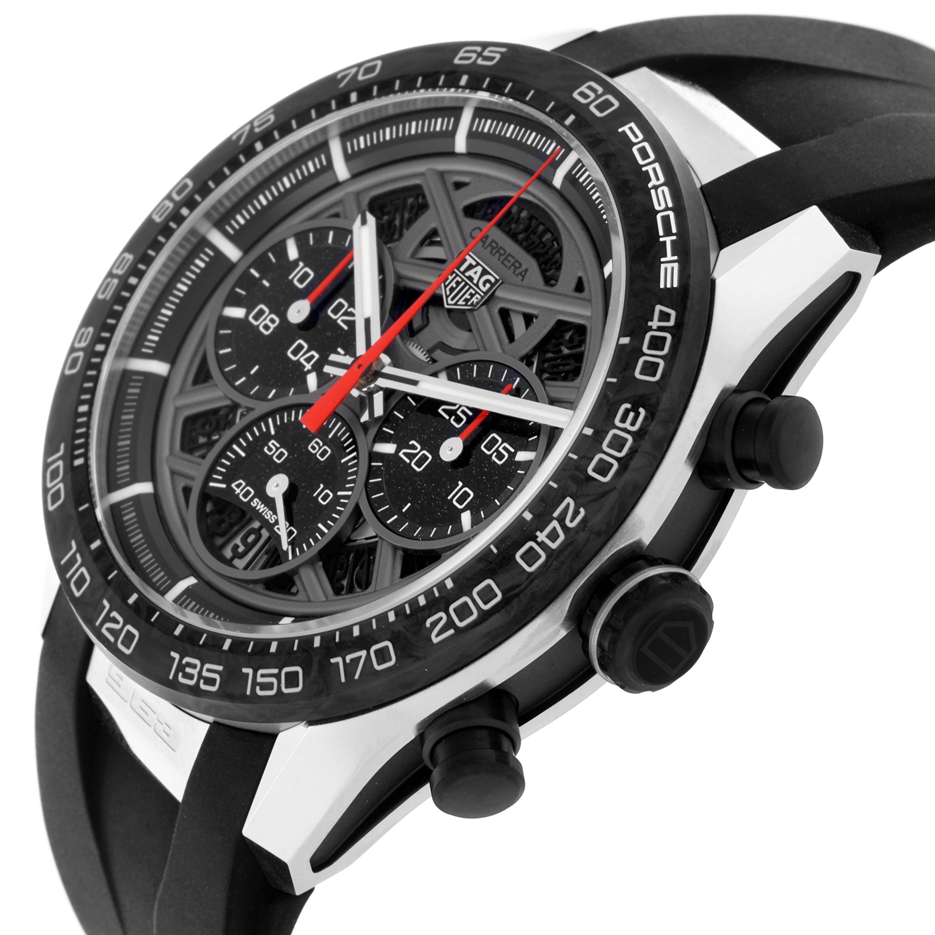 The Tag Heuer Carrera CBU2010.FT6267 Men's Stainless Steel Grey Dial CBU2010.FT6267 Men's Stainless Steel Grey Dial Limited Edition watch is shown from a side angle, highlighting the face, bezel, and pushers.