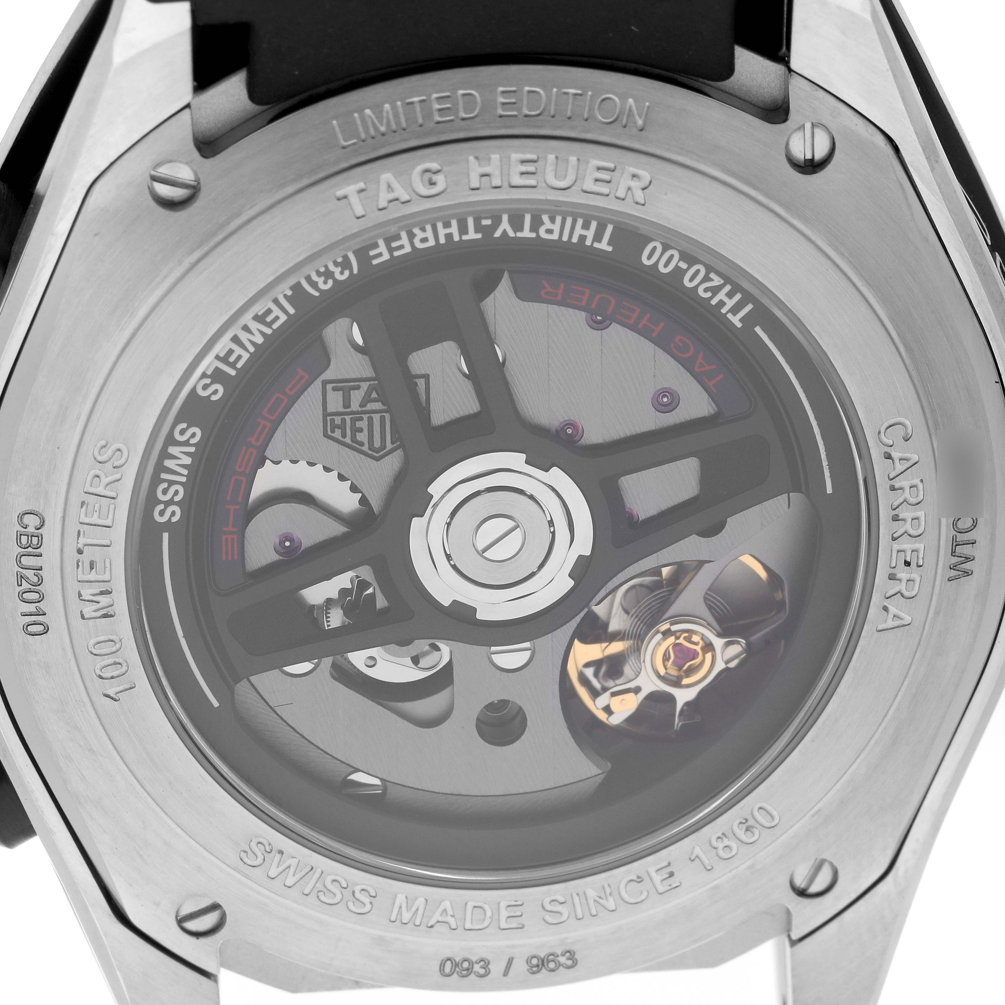 The image shows the back of the Tag Heuer Carrera CBU2010.FT6267 Men's Stainless Steel Grey Dial CBU2010.FT6267 Men's Stainless Steel Grey Dial Limited Edition, highlighting its inner mechanisms.