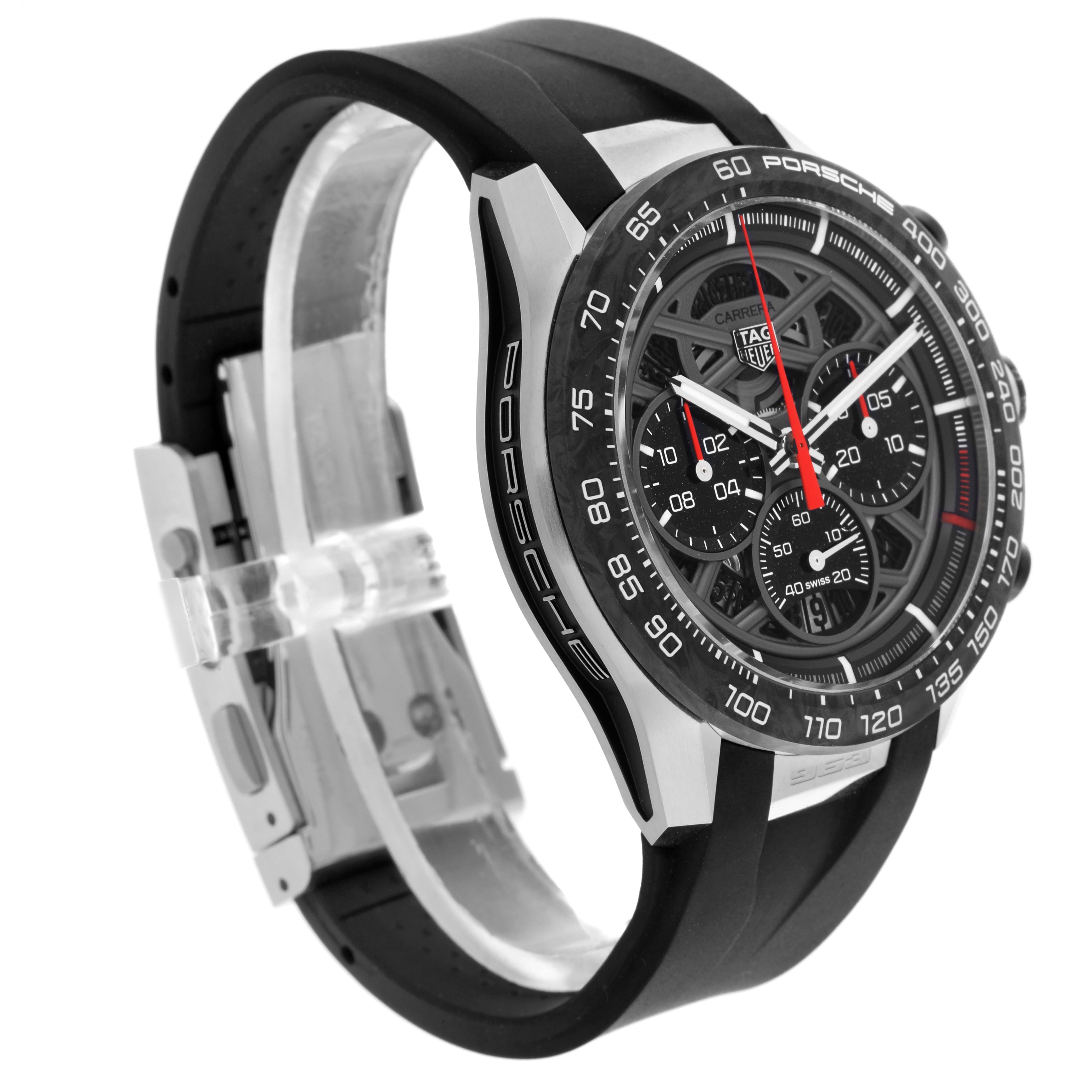 The Tag Heuer Limited Edition watch is shown at a side angle highlighting the dial, bezel, and strap.