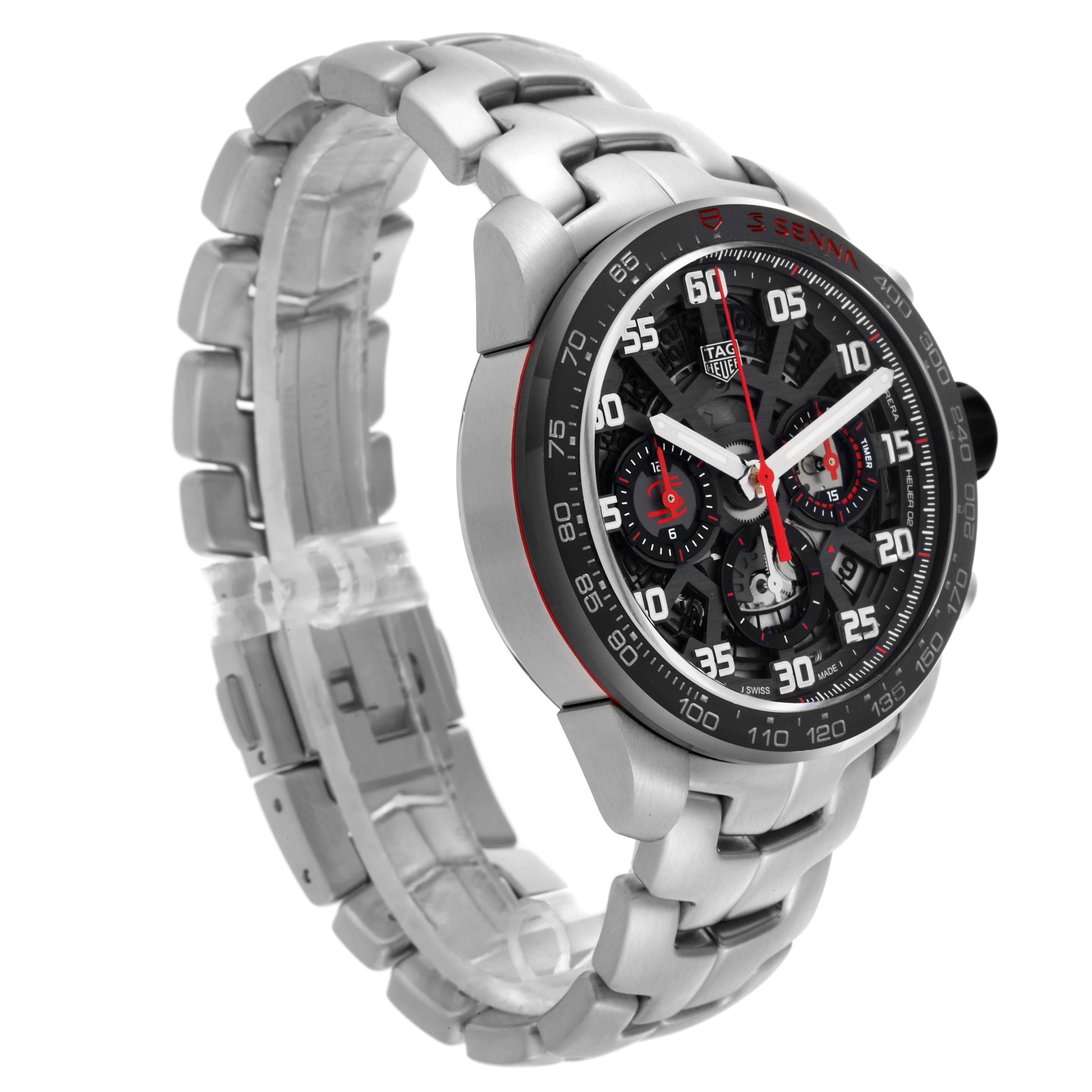 The Tag Heuer Carrera CBG2013.BA0657 Men's Stainless Steel Black Dial CBG2013.BA0657 Men's Stainless Steel Black Dial model is shown at an oblique angle, highlighting the face, bezel, and metal bracelet.