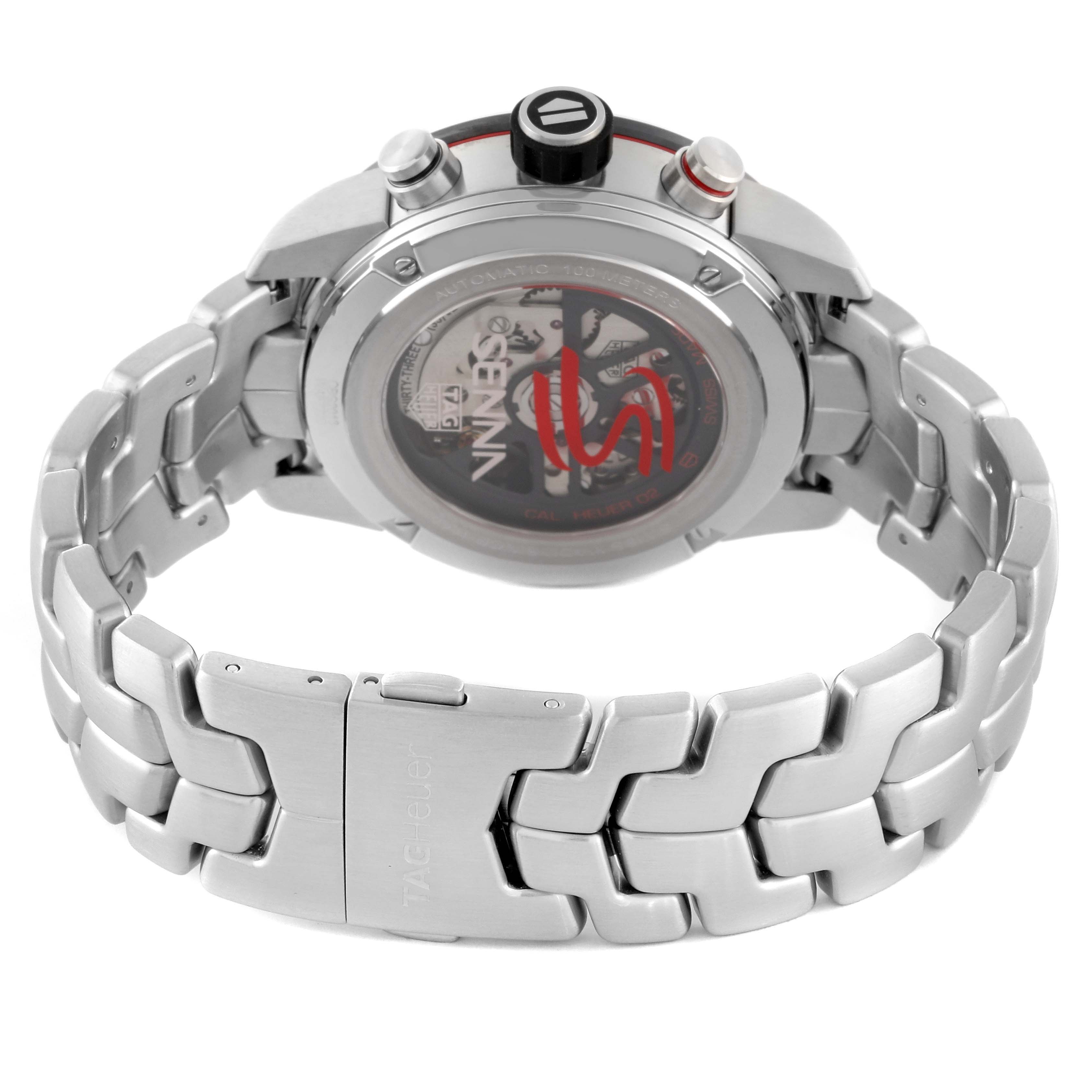 The Tag Heuer Carrera CBG2013.BA0657 Men's Stainless Steel Black Dial CBG2013.BA0657 Men's Stainless Steel Black Dial watch is shown from the back, highlighting the bracelet and case back details.