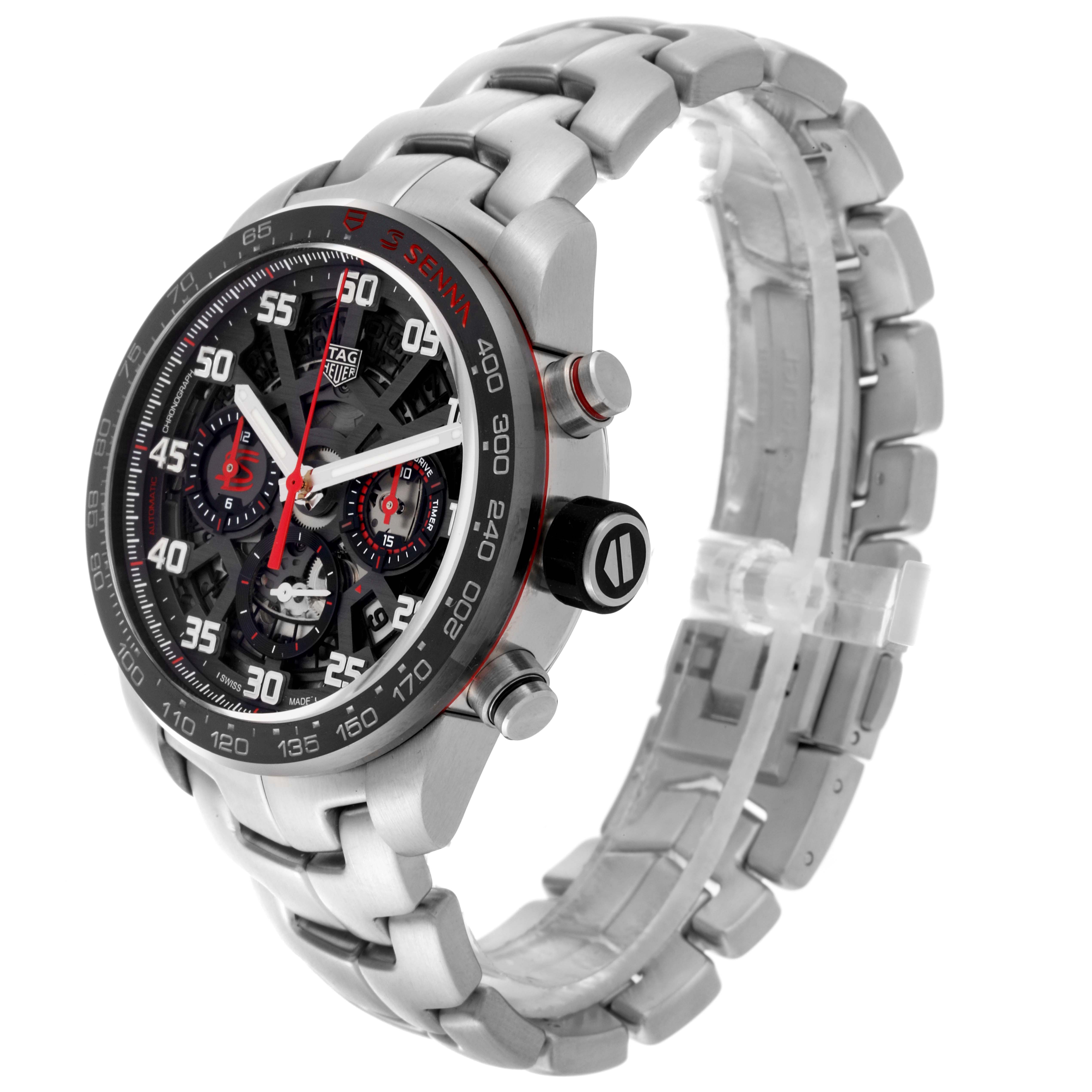 The Tag Heuer Carrera CBG2013.BA0657 Men's Stainless Steel Black Dial CBG2013.BA0657 Men's Stainless Steel Black Dial watch is shown at an angled side view, highlighting the face, bezel, crown, and metal bracelet.