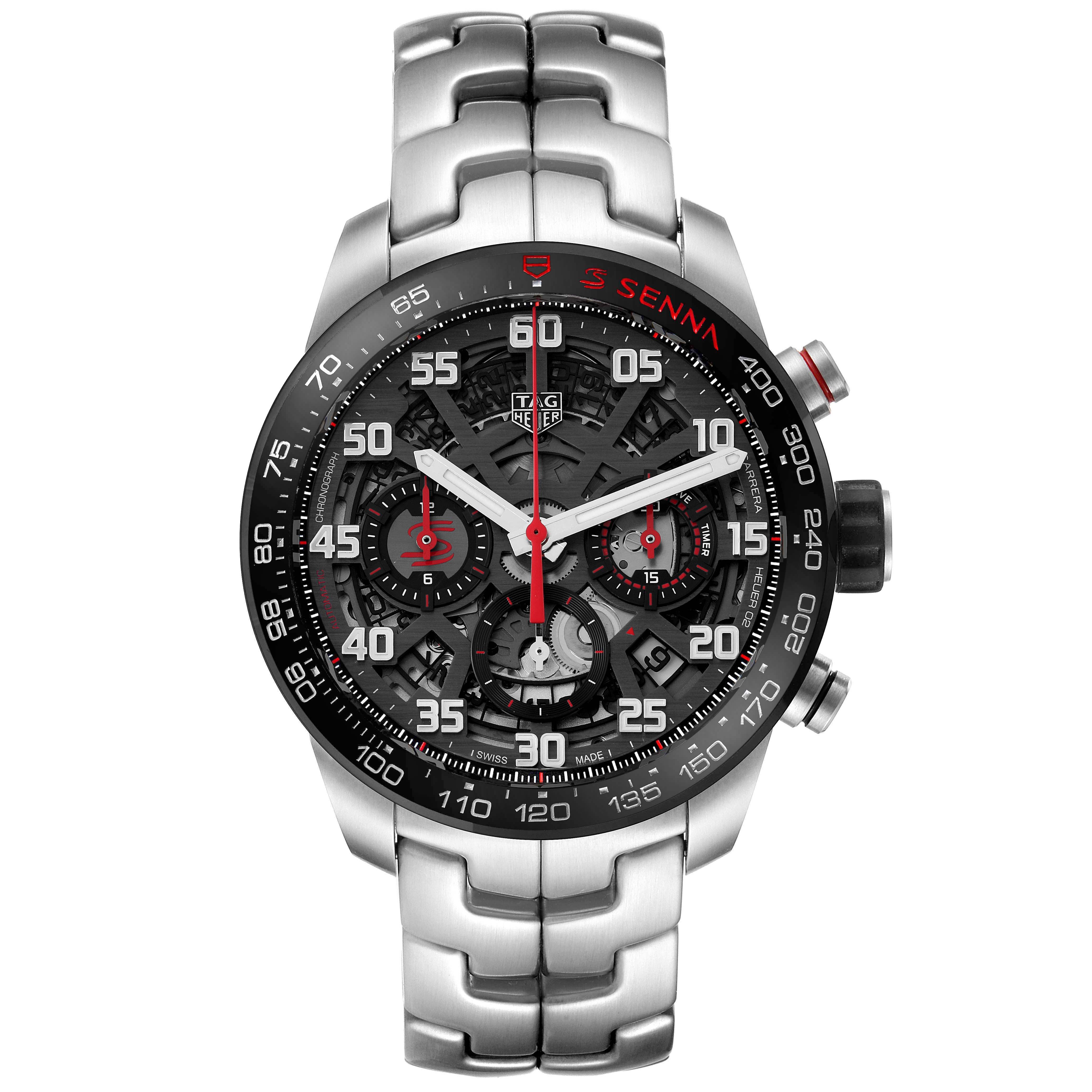 The Tag Heuer Carrera CBG2013.BA0657 Men's Stainless Steel Black Dial CBG2013.BA0657 Men's Stainless Steel Black Dial watch is shown from a top-down angle, highlighting its face and metal bracelet.