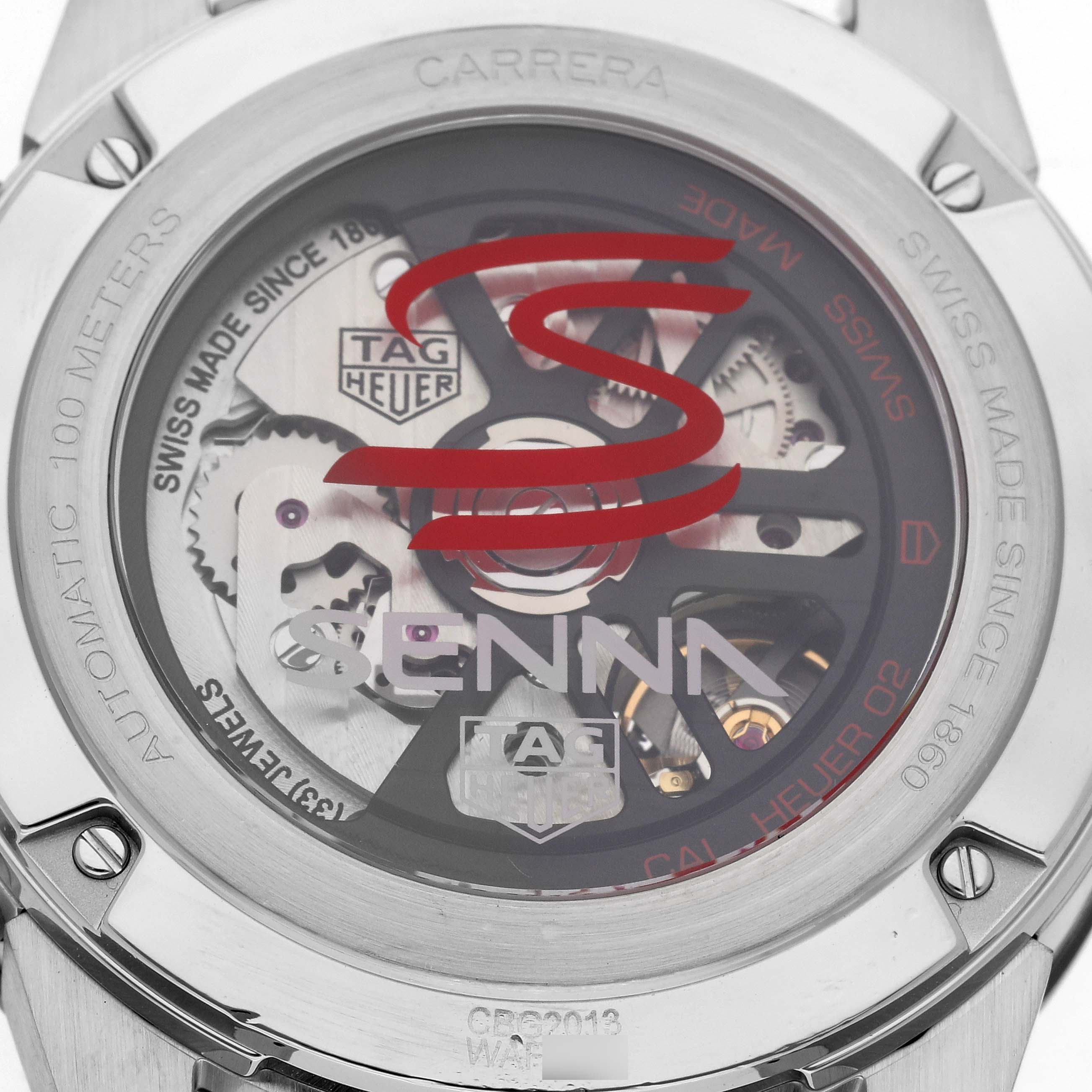 The image shows the back view of a Tag Heuer Carrera CBG2013.BA0657 Men's Stainless Steel Black Dial CBG2013.BA0657 Men's Stainless Steel Black Dial watch, highlighting its exposed movement and branding details.