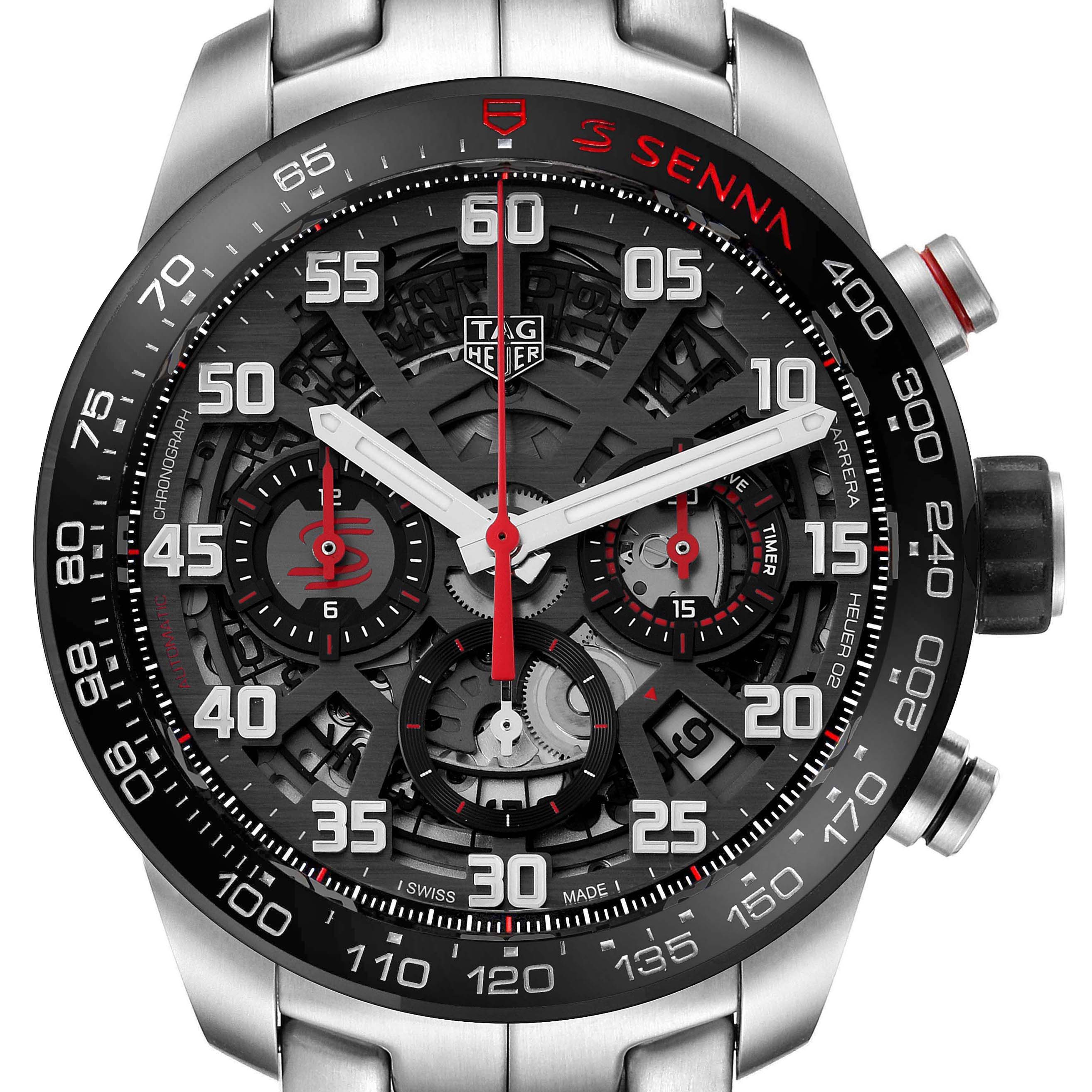 The Tag Heuer Carrera CBG2013.BA0657 Men's Stainless Steel Black Dial CBG2013.BA0657 Men's Stainless Steel Black Dial watch is shown from a front angle, highlighting its face and chronograph features.