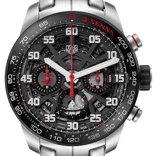 The Tag Heuer Carrera watch is shown front-on, displaying its face, bezel, and push-buttons.