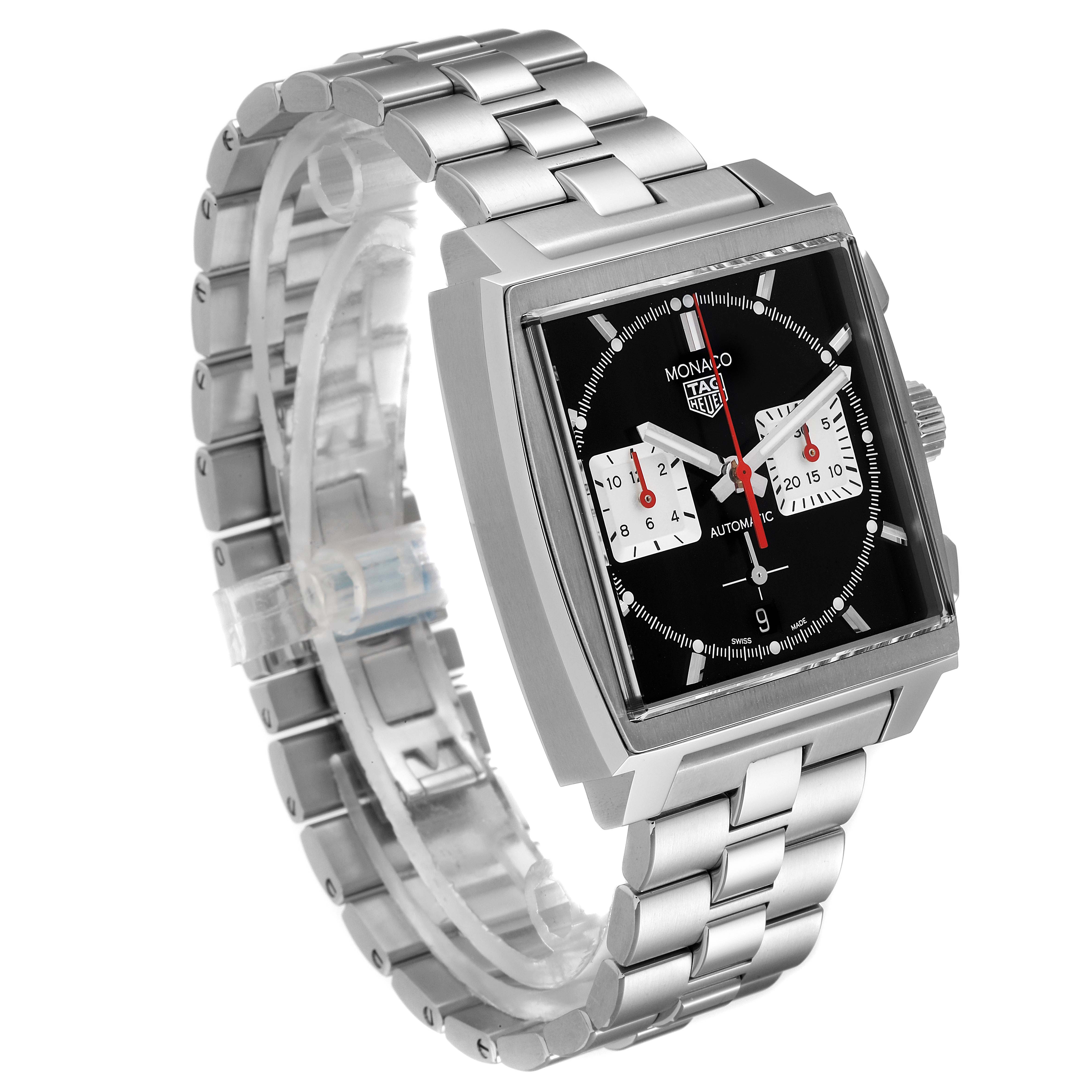 This image shows the Tag Heuer Monaco CBL2113 Men's Stainless Steel Black Dial CBL2113 Men's Stainless Steel Black Dial watch from an angled side view, highlighting its square dial and metal bracelet.