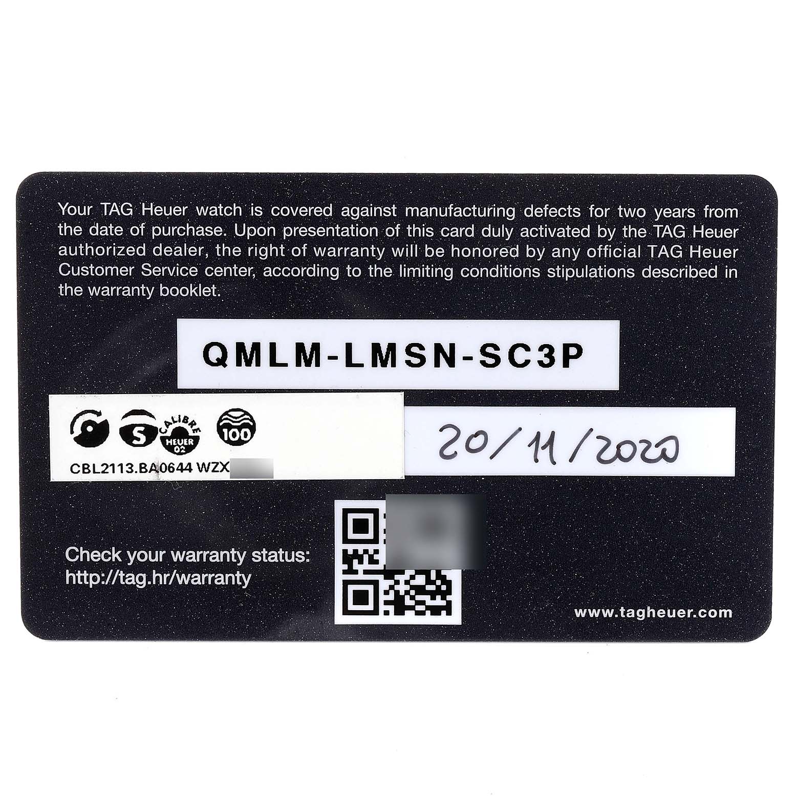 The image shows the warranty card for the Tag Heuer Monaco CBL2113 Men's Stainless Steel Black Dial CBL2113 Men's Stainless Steel Black Dial model watch, indicating the coverage details and purchase date.