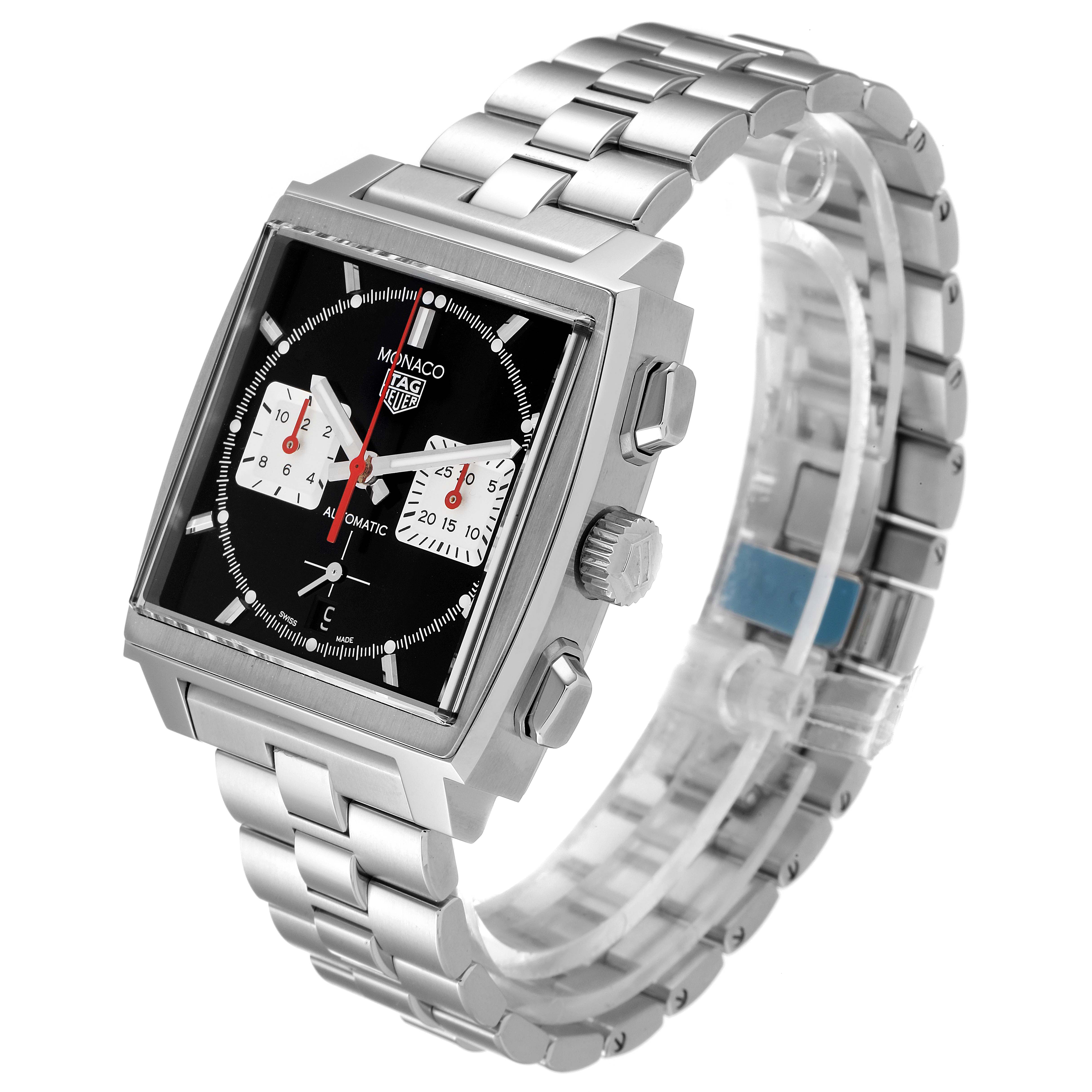 The Tag Heuer Monaco CBL2113 Men's Stainless Steel Black Dial CBL2113 Men's Stainless Steel Black Dial watch is shown from a side angle, highlighting its square face, stainless steel bracelet, and chronograph pushers.