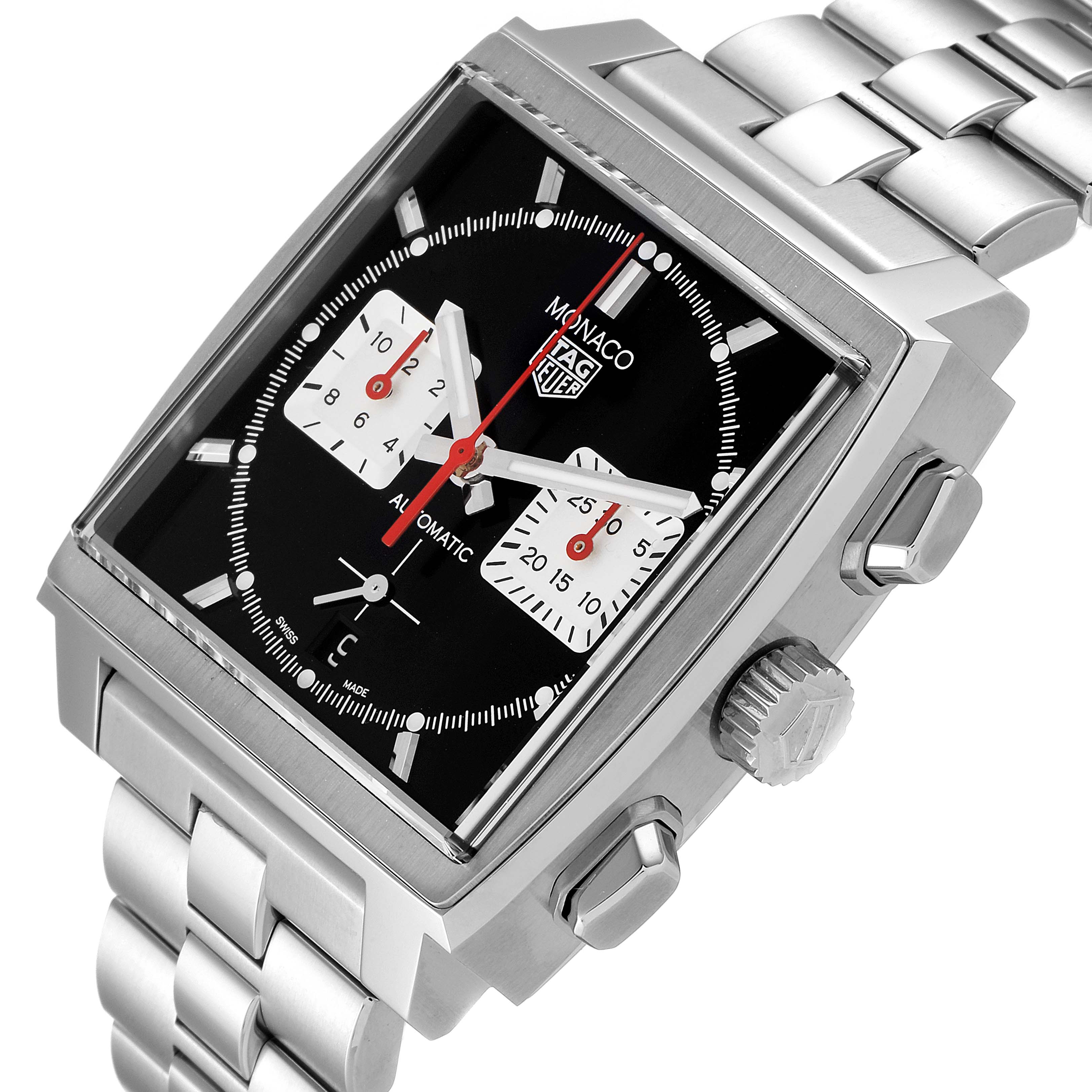 The image shows a close-up angle of a Tag Heuer Monaco CBL2113 Men's Stainless Steel Black Dial CBL2113 Men's Stainless Steel Black Dial watch, featuring its face, crown, and part of the metal bracelet.