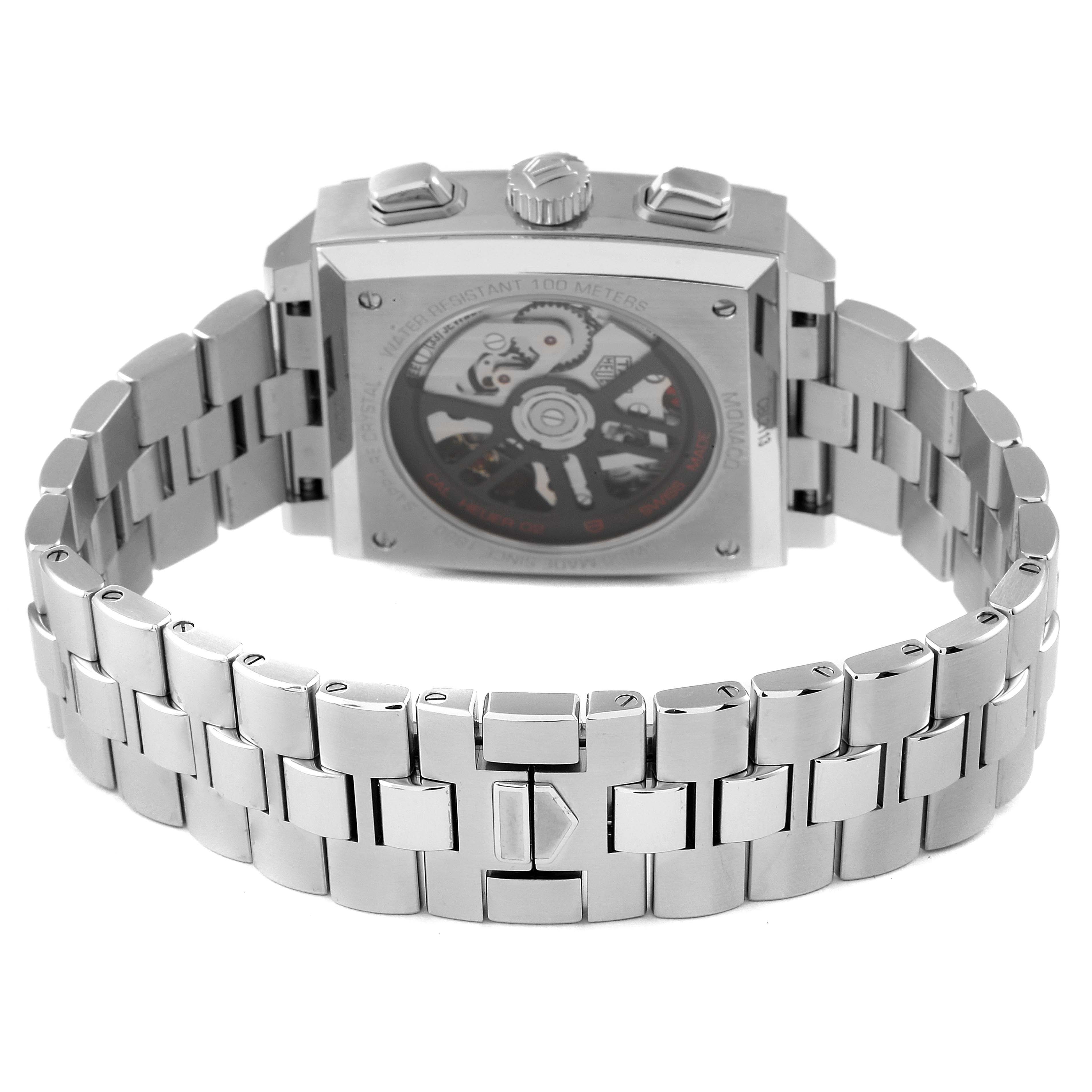 The image shows the back view and metal bracelet of a Tag Heuer Monaco CBL2113 Men's Stainless Steel Black Dial CBL2113 Men's Stainless Steel Black Dial watch, highlighting its caseback and bracelet design.