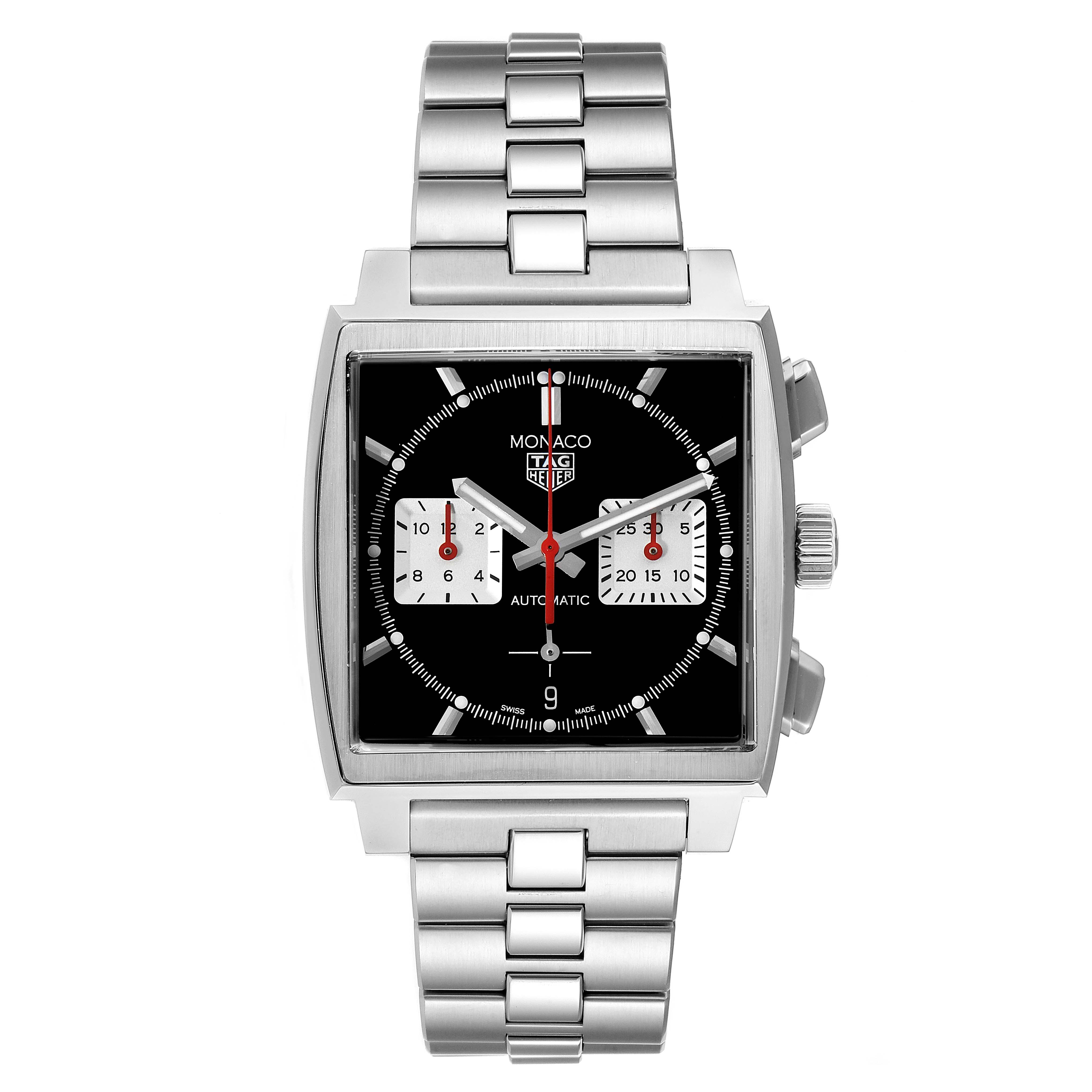 The image shows a front view of a Tag Heuer Monaco CBL2113 Men's Stainless Steel Black Dial CBL2113 Men's Stainless Steel Black Dial watch with a stainless steel bracelet.