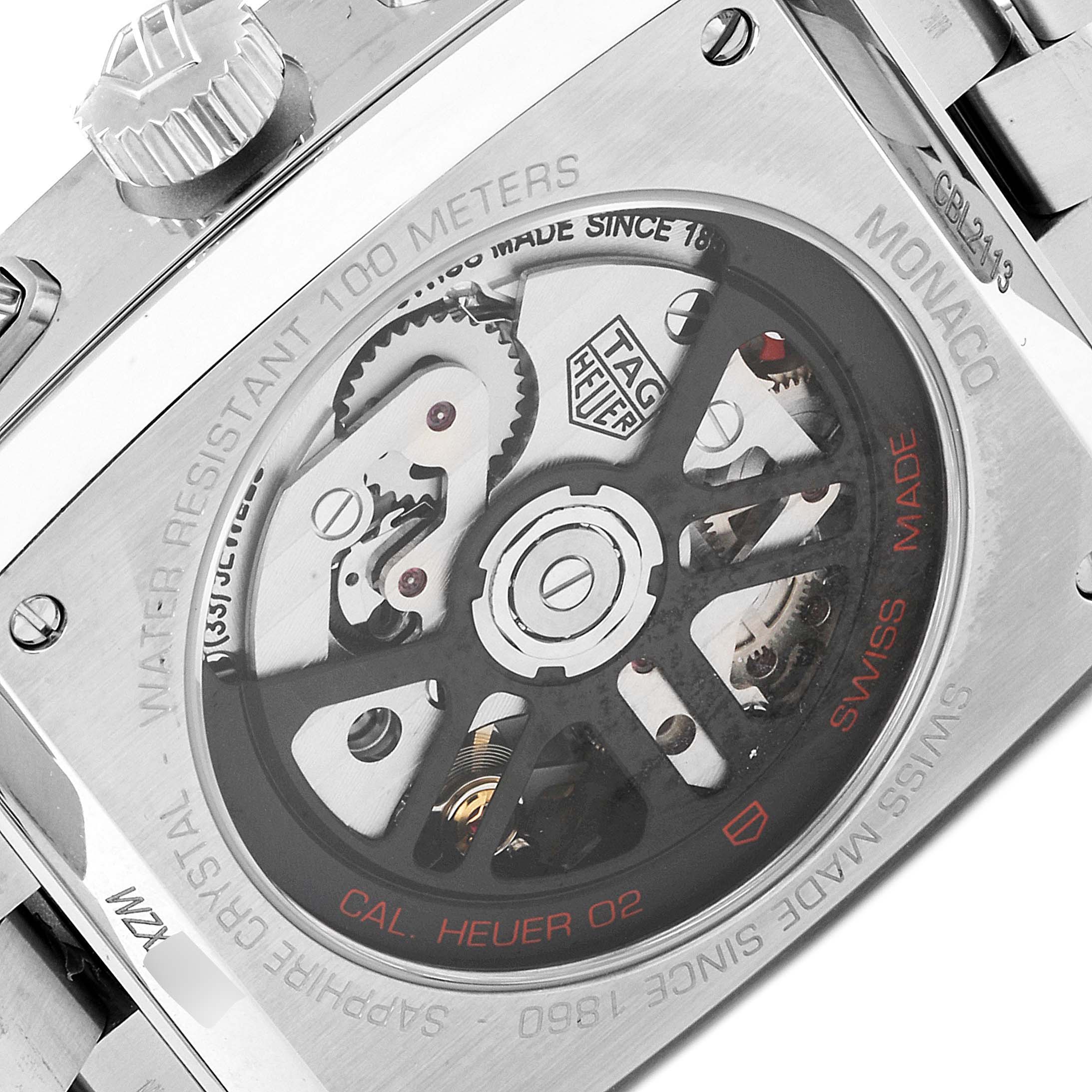 This image shows the back case of the Tag Heuer Monaco CBL2113 Men's Stainless Steel Black Dial CBL2113 Men's Stainless Steel Black Dial watch, revealing the movement mechanism.