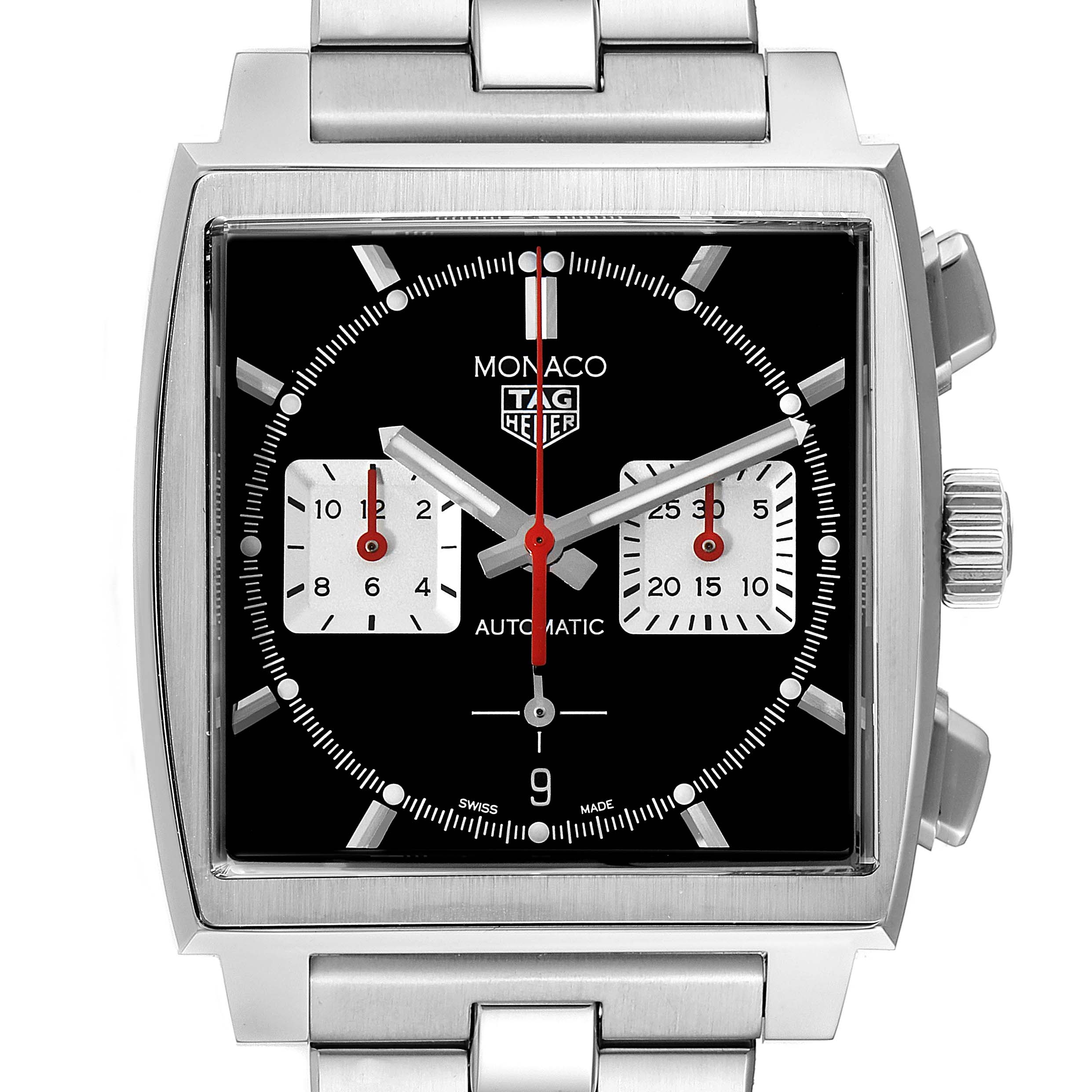 The image shows a front view of a Tag Heuer Monaco CBL2113 Men's Stainless Steel Black Dial CBL2113 Men's Stainless Steel Black Dial watch featuring a square dial and stainless steel bracelet.