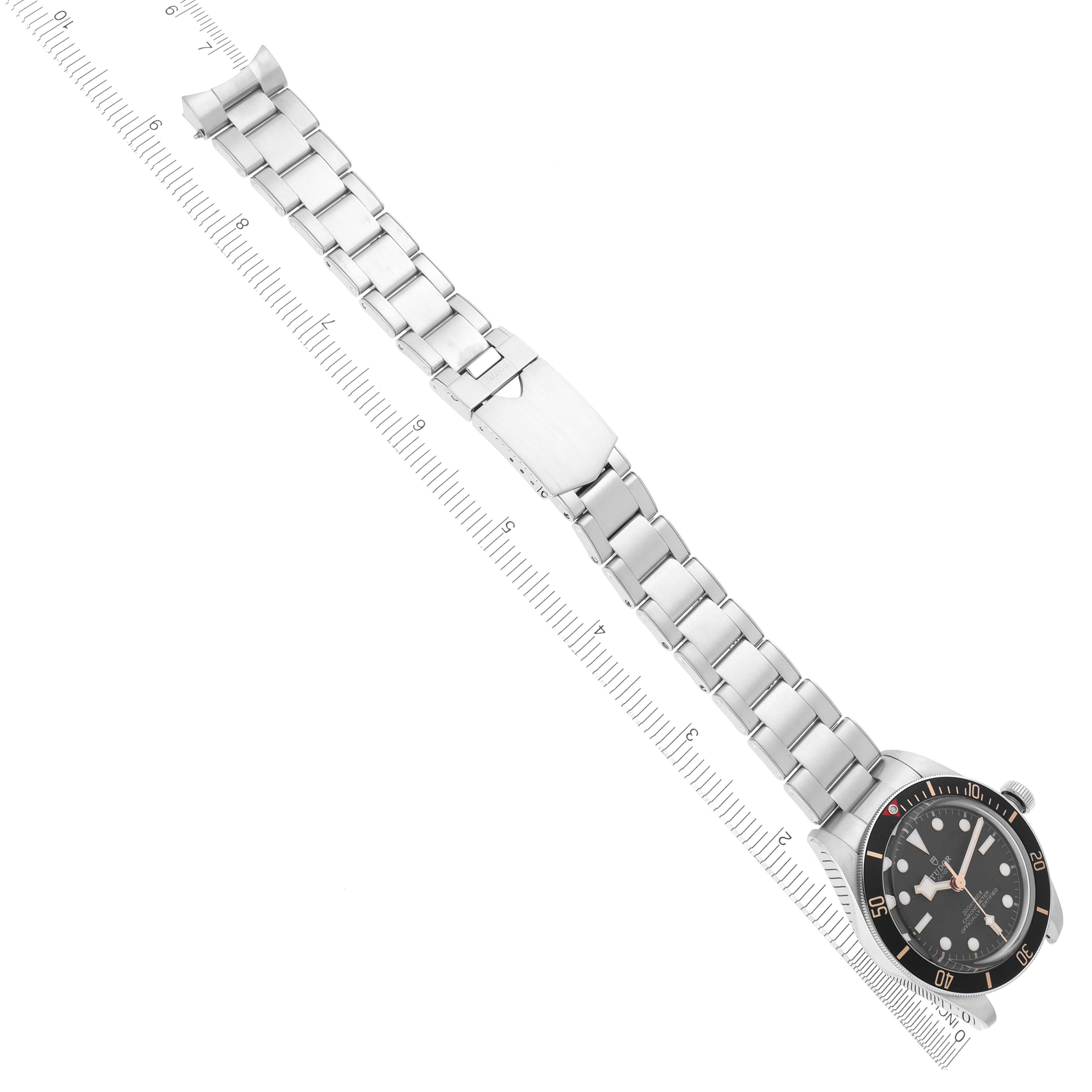 The image shows a Tudor Heritage Black Bay 79030N Men's Stainless Steel Black Dial 79030N Men's Stainless Steel Black Dial watch at a top angle, displaying its full bracelet and dial.