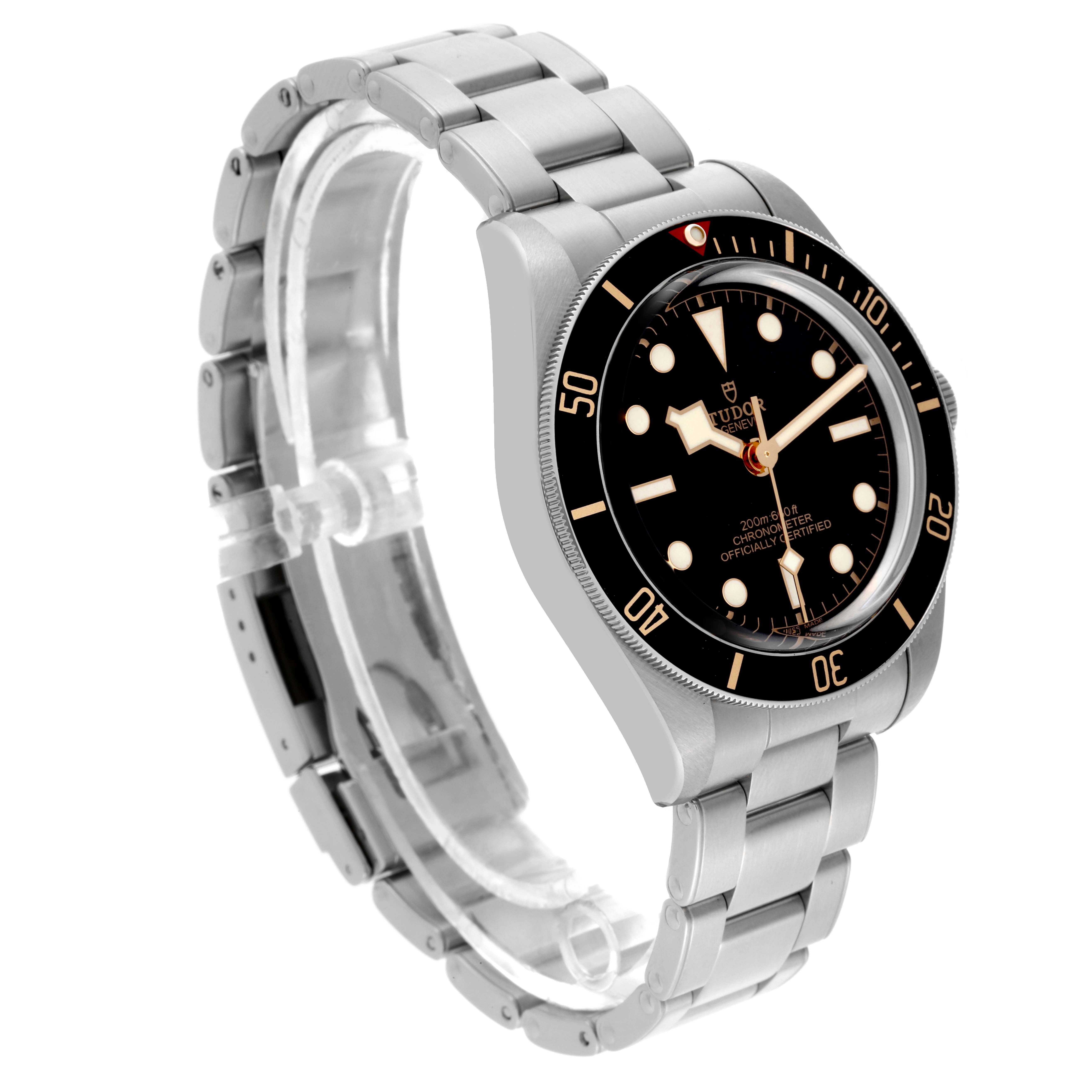 The Tudor Heritage Black Bay 79030N Men's Stainless Steel Black Dial 79030N Men's Stainless Steel Black Dial watch is shown at a side angle, displaying the face, bezel, case, and bracelet.
