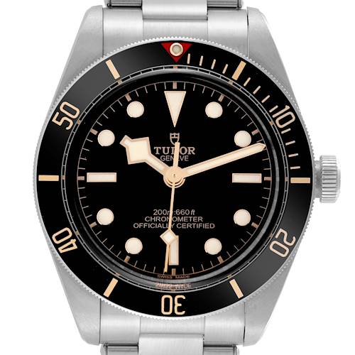 The image shows a front view of the Tudor Heritage Black Bay watch, highlighting the dial, bezel, and crown.