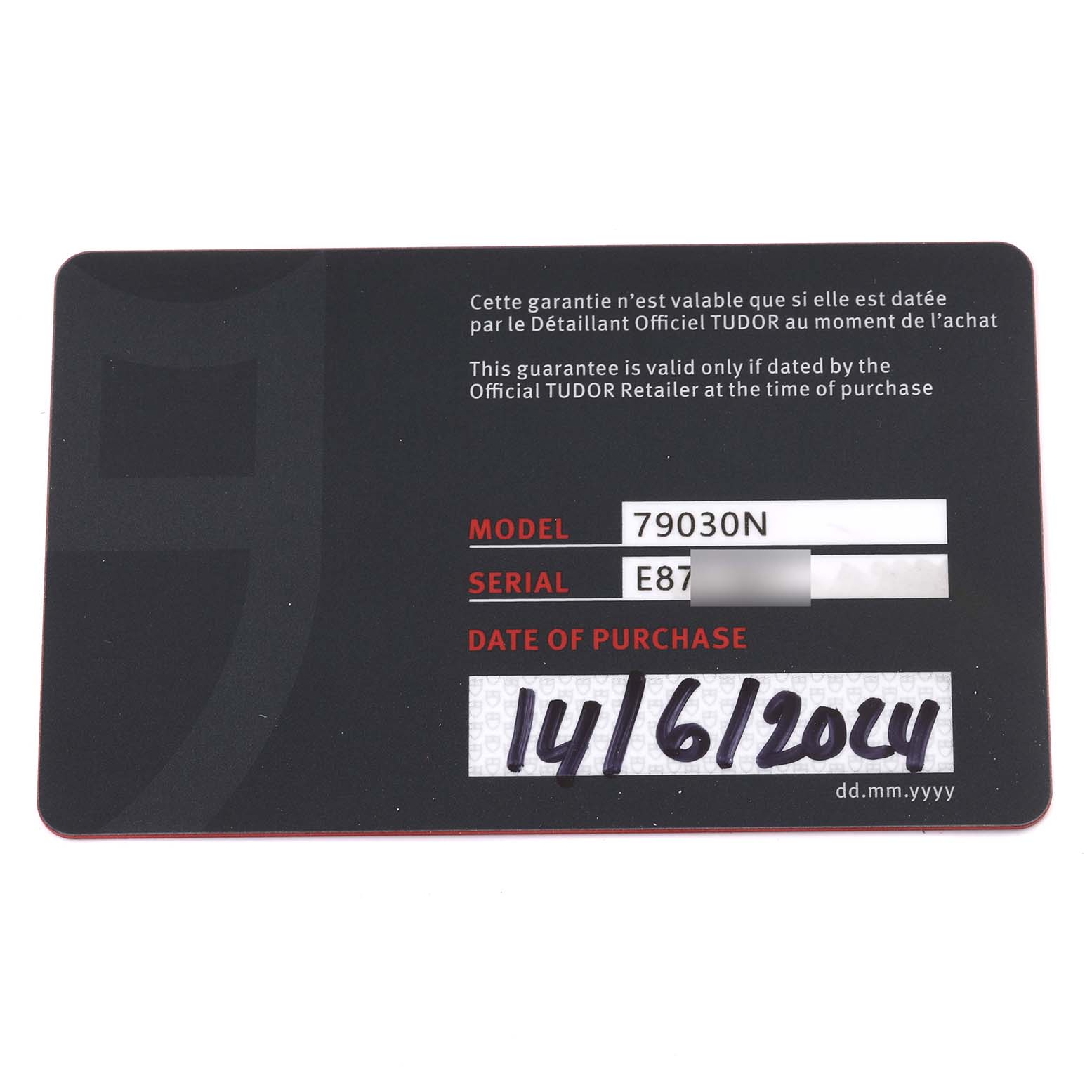 The image shows a warranty card for the Tudor Heritage Black Bay 79030N Men's Stainless Steel Black Dial 79030N Men's Stainless Steel Black Dial watch.