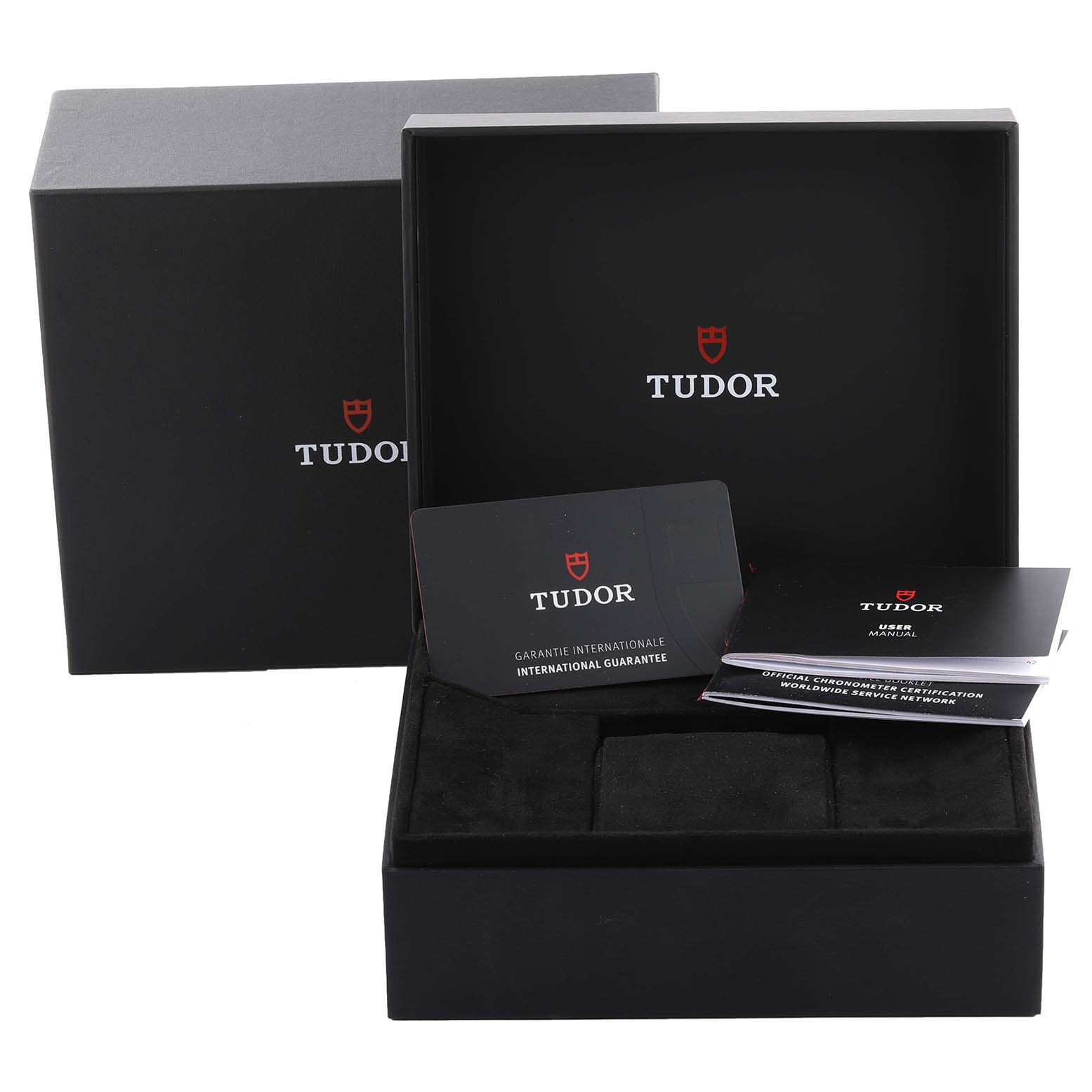 The image shows the Tudor Heritage Black Bay 79030N Men's Stainless Steel Black Dial 79030N Men's Stainless Steel Black Dial packaging with warranty cards and manuals.