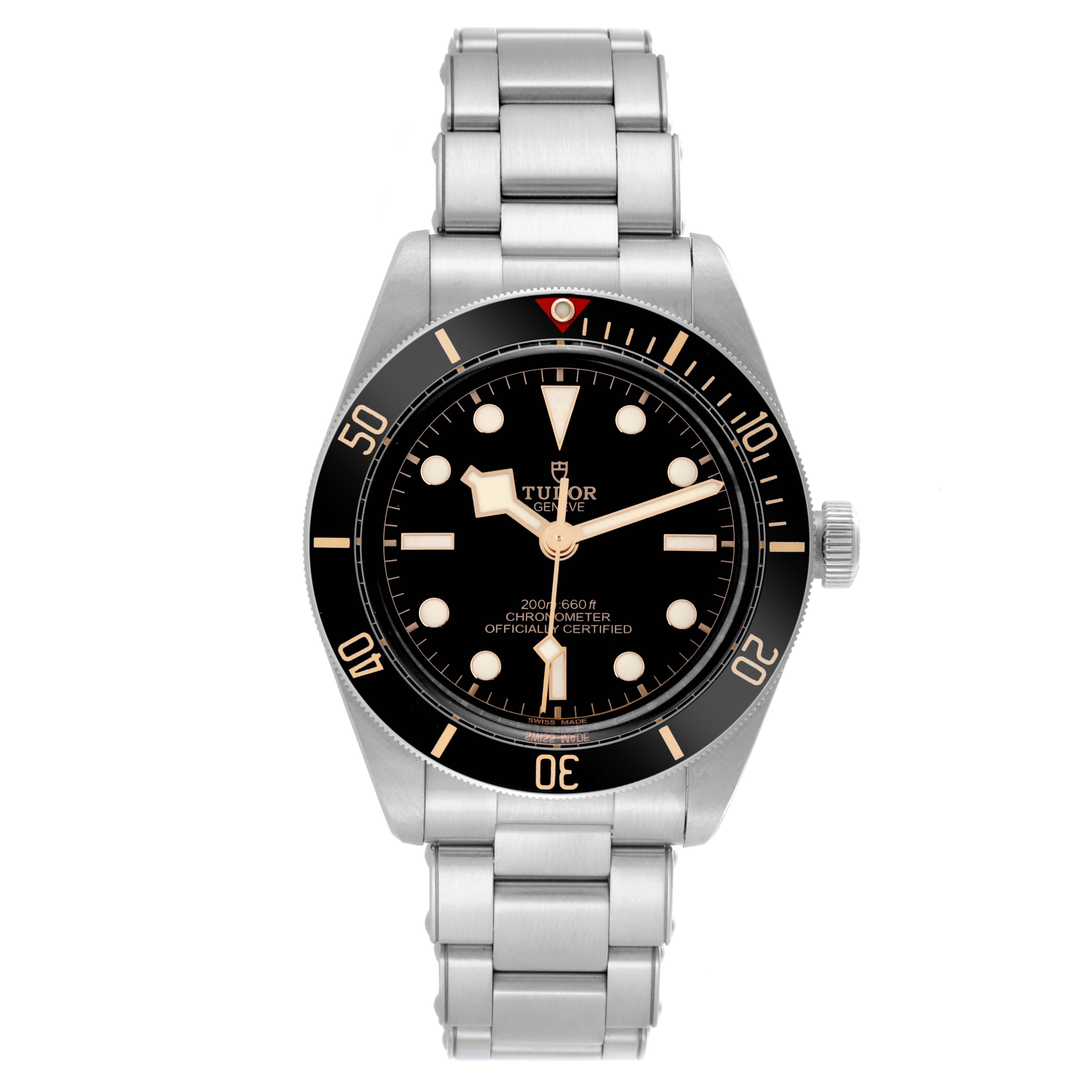 The Tudor Heritage Black Bay 79030N Men's Stainless Steel Black Dial 79030N Men's Stainless Steel Black Dial watch is shown from a top-down angle, displaying the face, bezel, and bracelet.