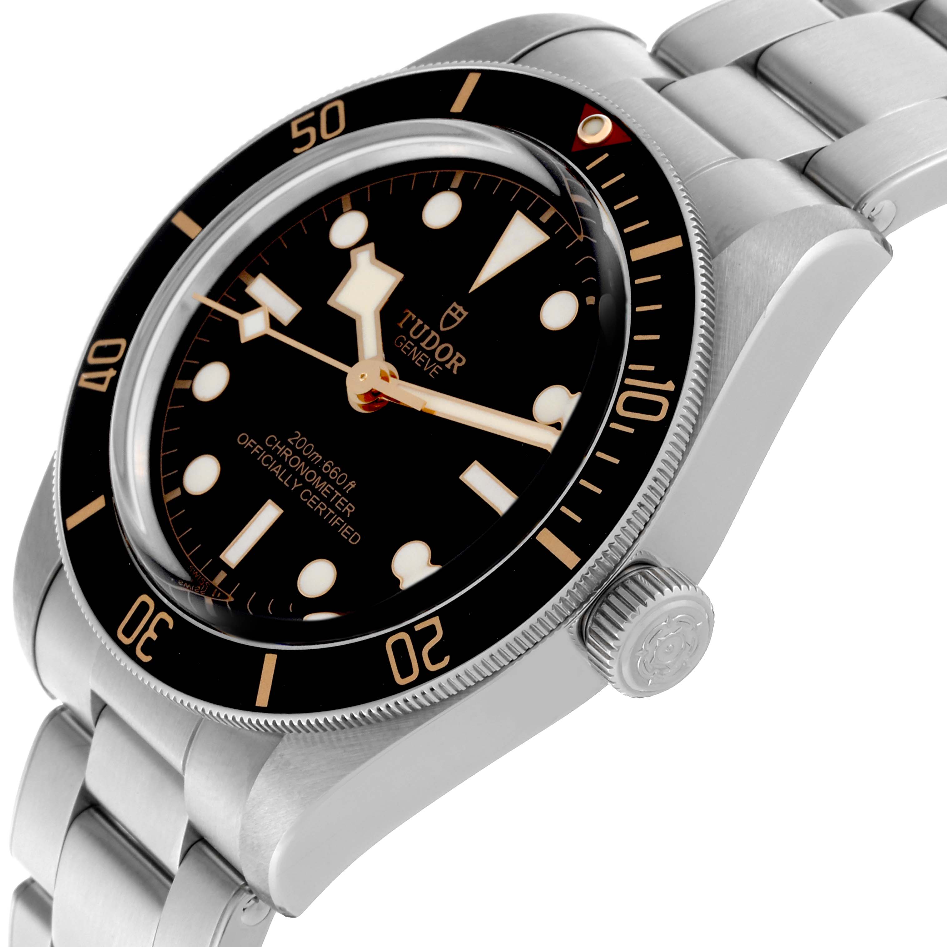 The Tudor Heritage Black Bay 79030N Men's Stainless Steel Black Dial 79030N Men's Stainless Steel Black Dial watch is shown at a slight angle, highlighting the dial, bezel, crown, and bracelet.