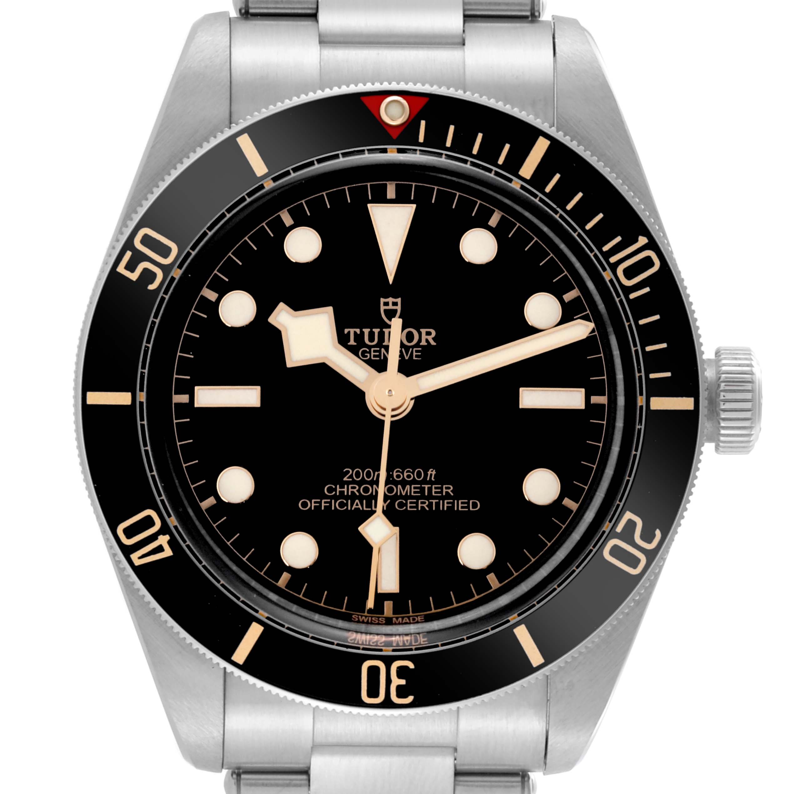 The Tudor Heritage Black Bay 79030N Men's Stainless Steel Black Dial 79030N Men's Stainless Steel Black Dial is shown from the front, displaying the dial, bezel, crown, and part of the bracelet.