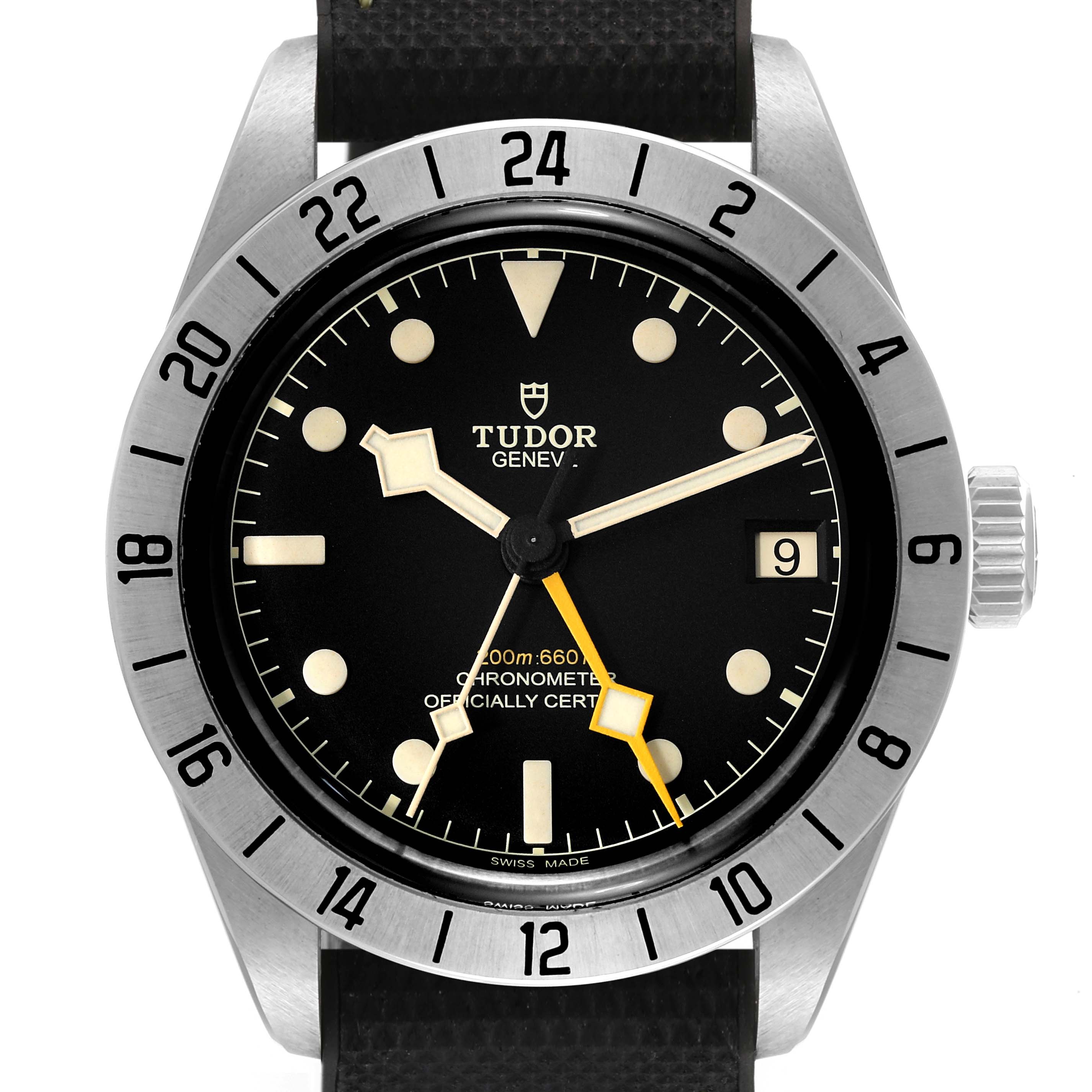 The image shows a front view of the Tudor Heritage Black Bay M79470-0003 Men
s Stainless Steel Black Dial M79470-0003 Men
s Stainless Steel Black Dial watch, highlighting its dial, bezel, and crown.