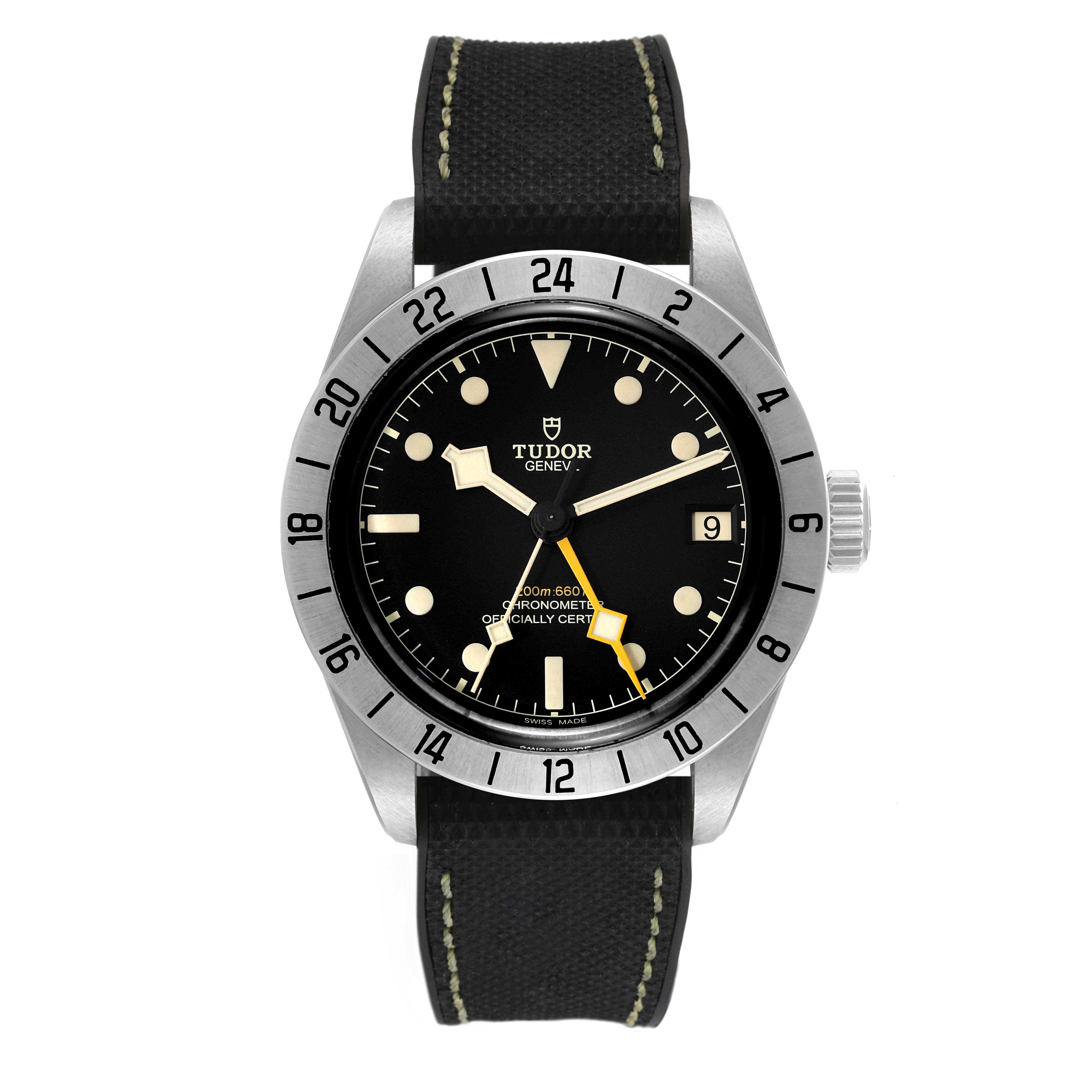 The image shows a front view of the Tudor Heritage Black Bay M79470-0003 Men
s Stainless Steel Black Dial M79470-0003 Men
s Stainless Steel Black Dial watch, highlighting its dial, bezel, and strap.