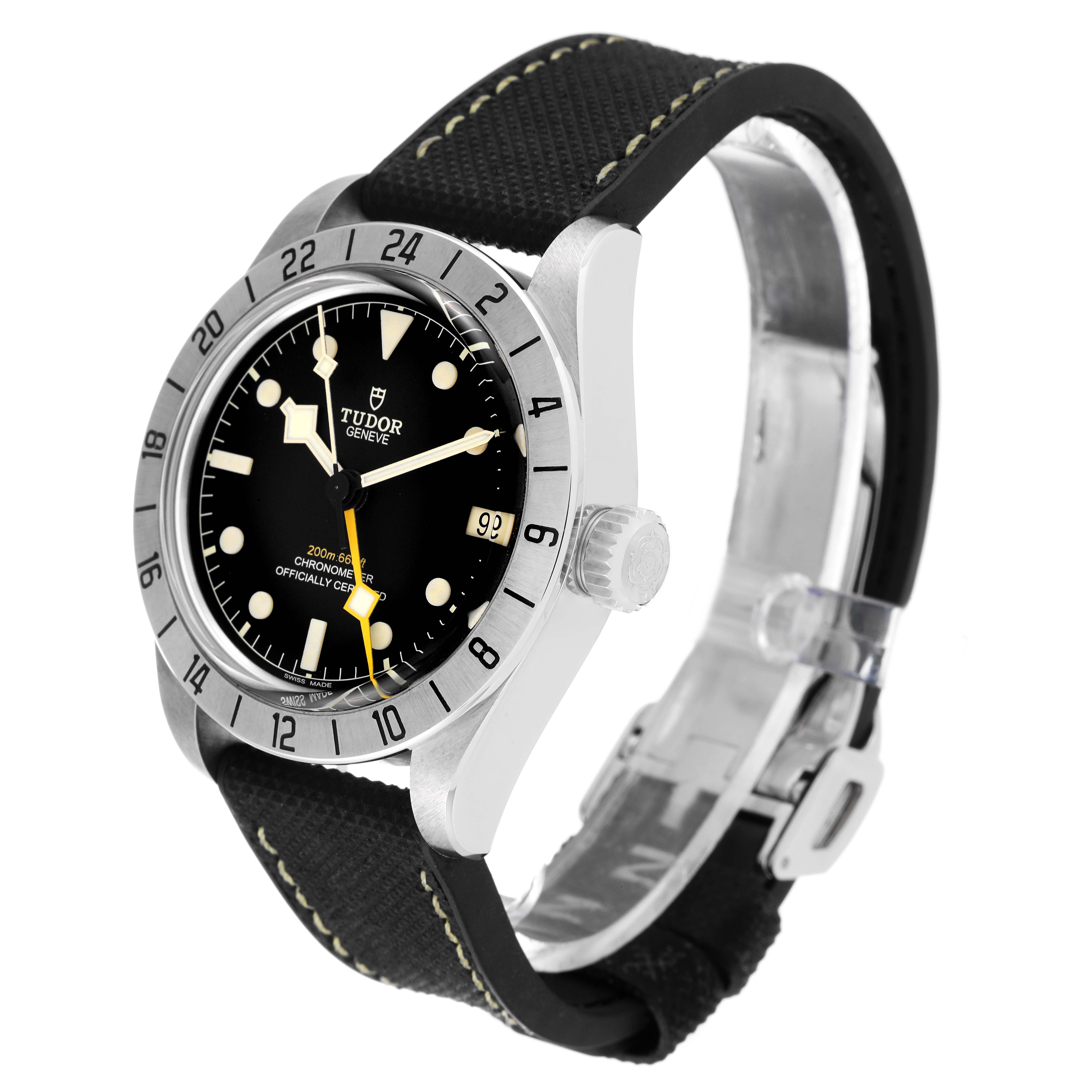 The image shows a side angle of the Tudor Heritage Black Bay M79470-0003 Men
s Stainless Steel Black Dial M79470-0003 Men
s Stainless Steel Black Dial watch, highlighting the bezel, dial, crown, and strap.