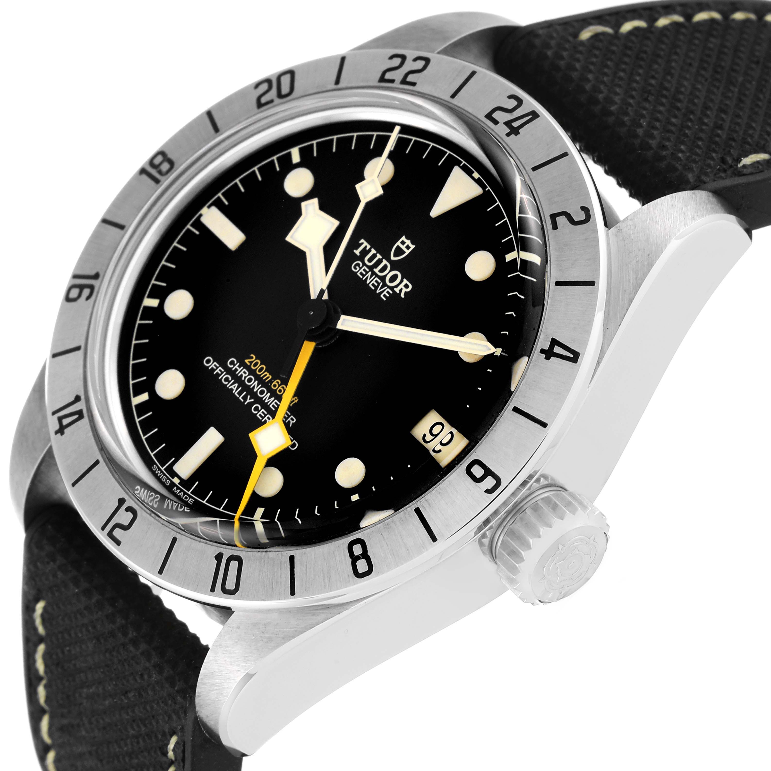 The image shows a close-up angle of the Tudor Heritage Black Bay M79470-0003 Men
s Stainless Steel Black Dial M79470-0003 Men
s Stainless Steel Black Dial watch, focusing on the dial, bezel, and crown.