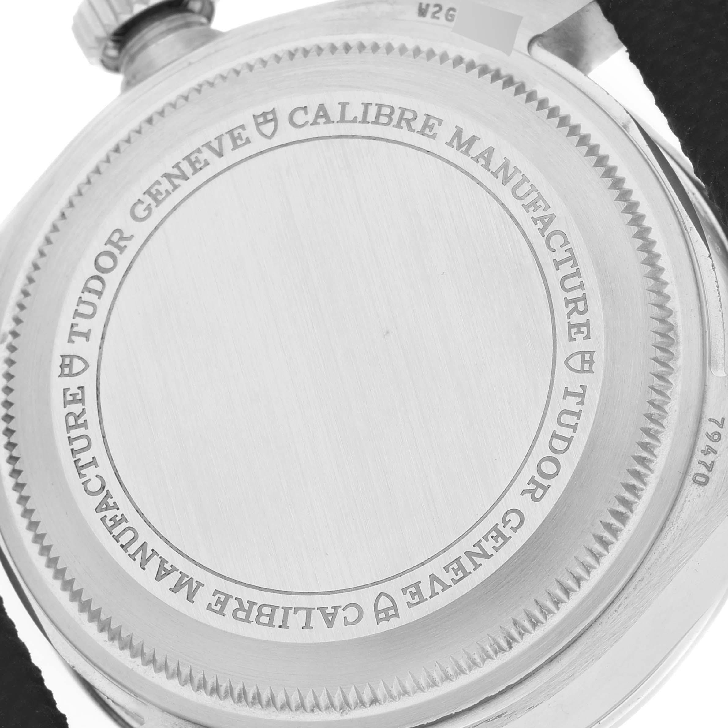 This image shows the back case of the Tudor Heritage Black Bay M79470-0003 Men
s Stainless Steel Black Dial M79470-0003 Men
s Stainless Steel Black Dial watch, highlighting the screw-down case with engraved details.