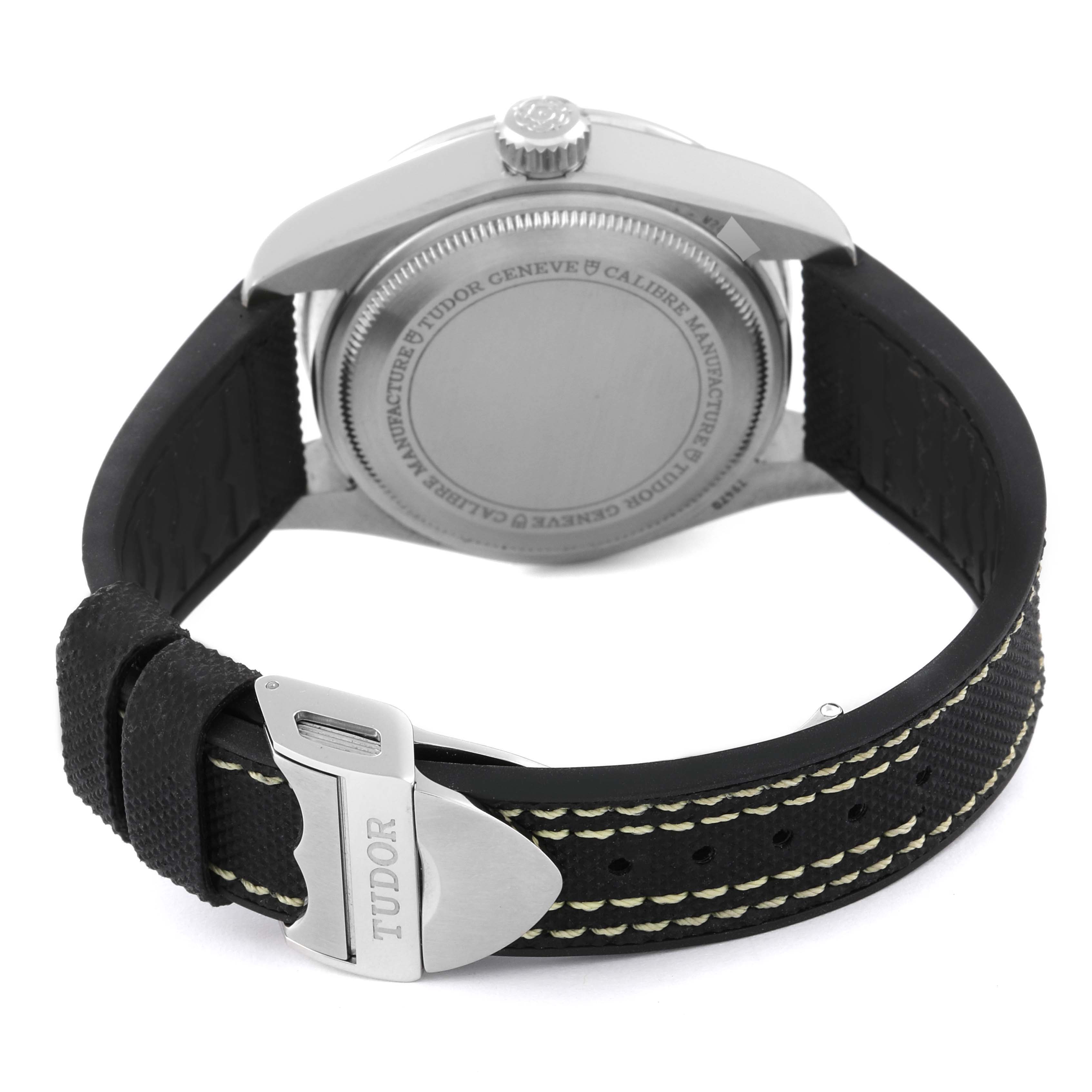 The image shows the back view of a Tudor Heritage Black Bay M79470-0003 Men
s Stainless Steel Black Dial M79470-0003 Men
s Stainless Steel Black Dial watch, highlighting its case back and buckle.