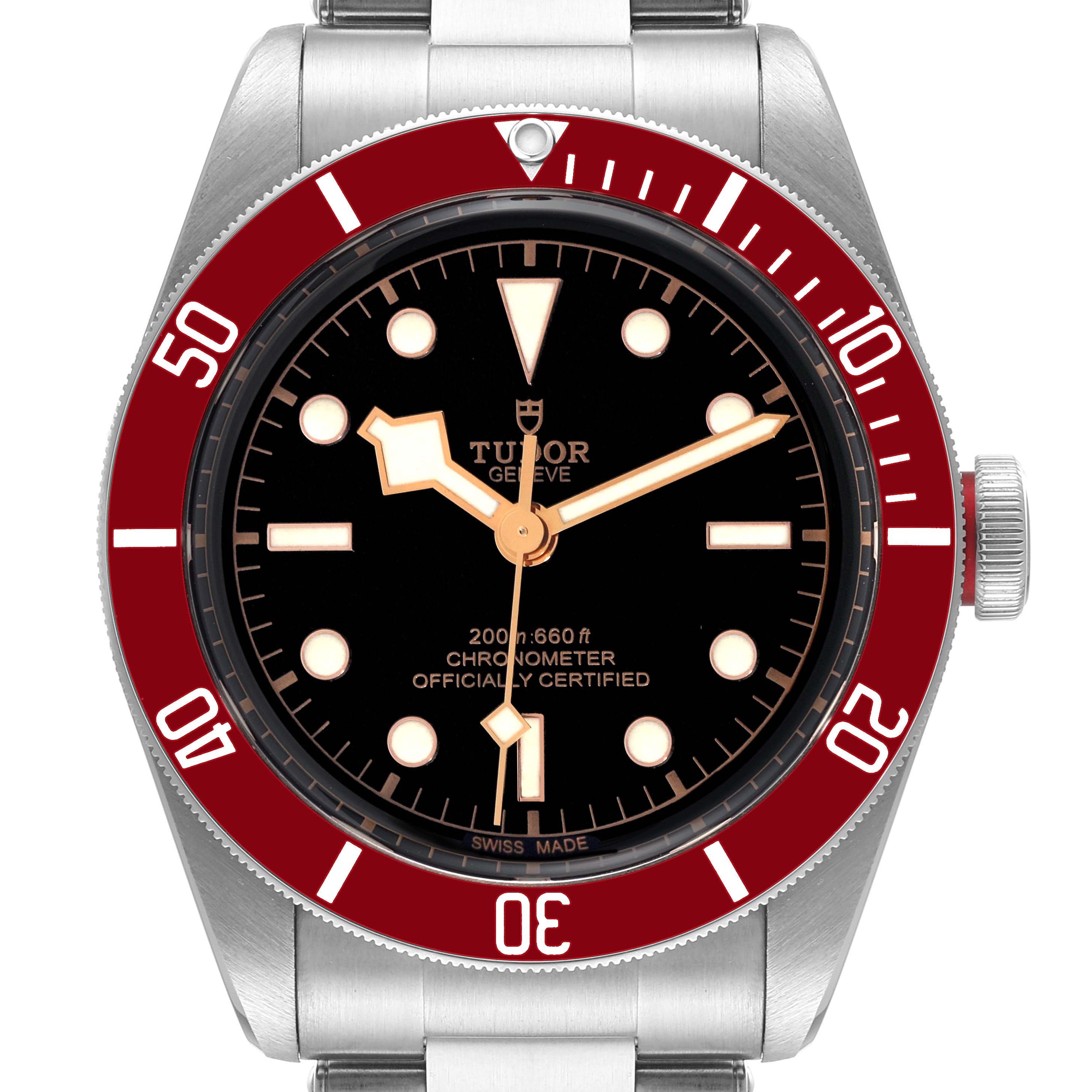This image shows a front view of the Tudor Heritage Black Bay 79230R Men's Stainless Steel Black Dial 79230R Men's Stainless Steel Black Dial watch, highlighting its dial, bezel, and crown.