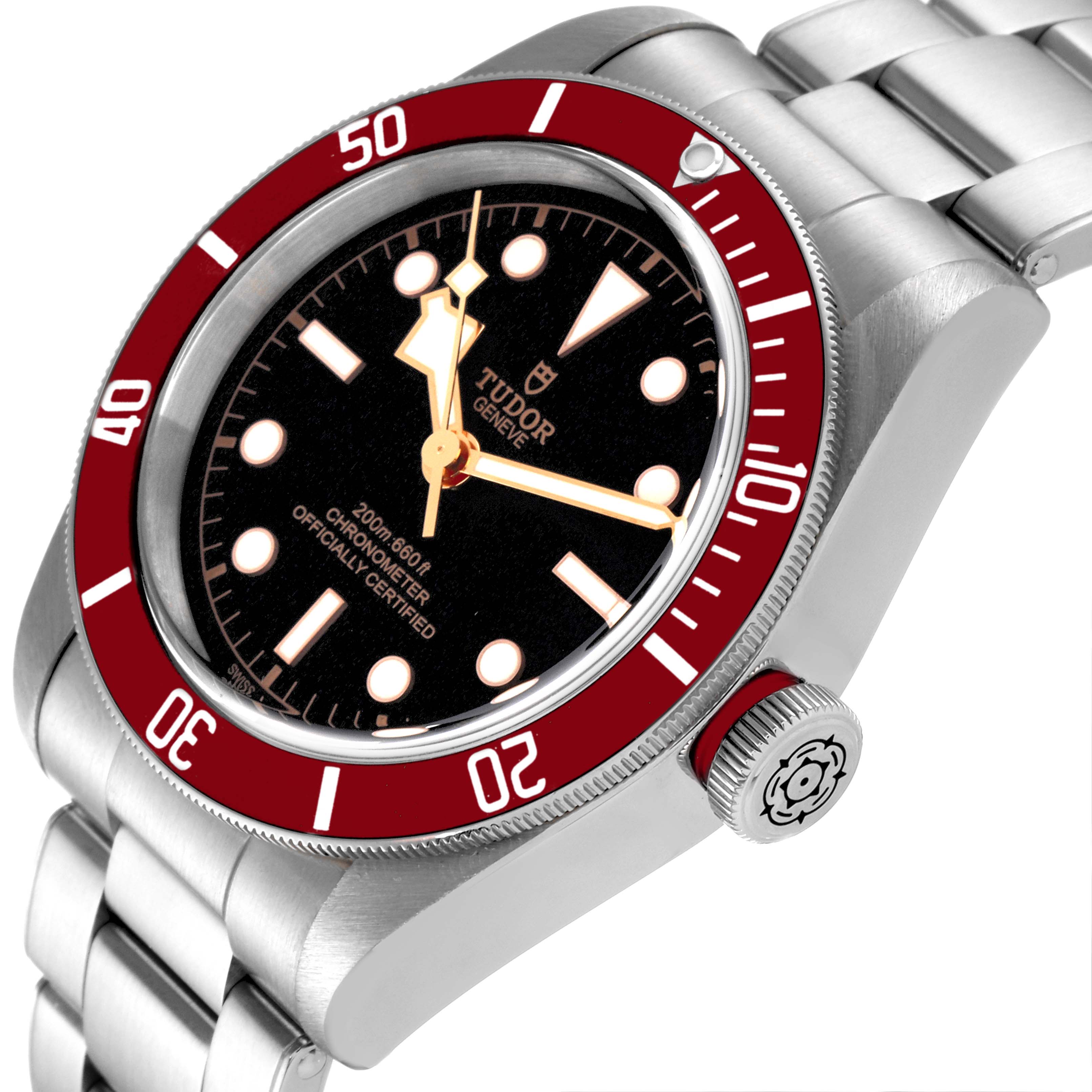 The image shows a Tudor Heritage Black Bay 79230R Men's Stainless Steel Black Dial 79230R Men's Stainless Steel Black Dial watch at a tilted angle, highlighting its dial, bezel, crown, and metal bracelet.