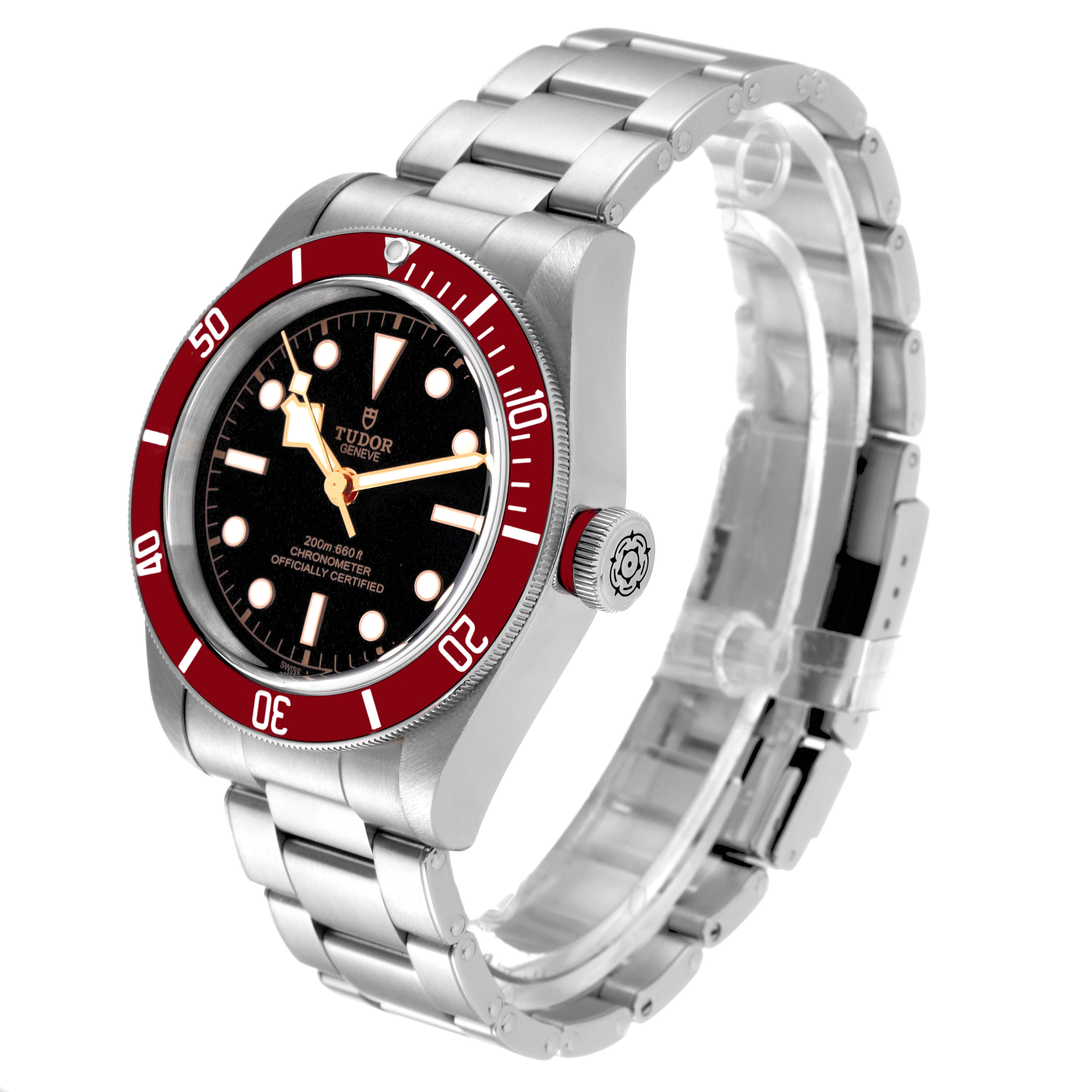 The image shows a Tudor Heritage Black Bay 79230R Men's Stainless Steel Black Dial 79230R Men's Stainless Steel Black Dial watch with a stainless steel bracelet and a red bezel, viewed from an angled side perspective.